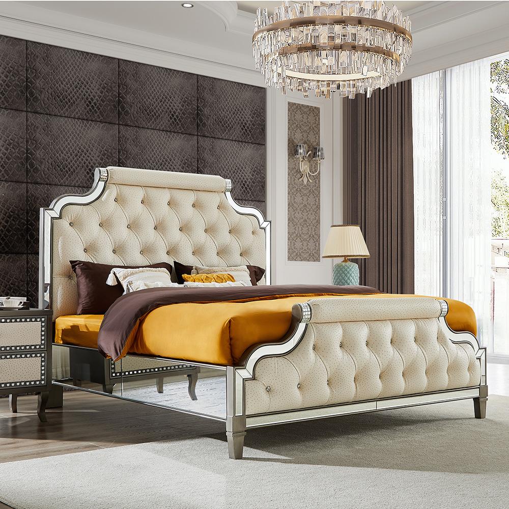 Modern Panel Bed HD-3590 HD-3590-EK BED in Mirrored, Cream Leather