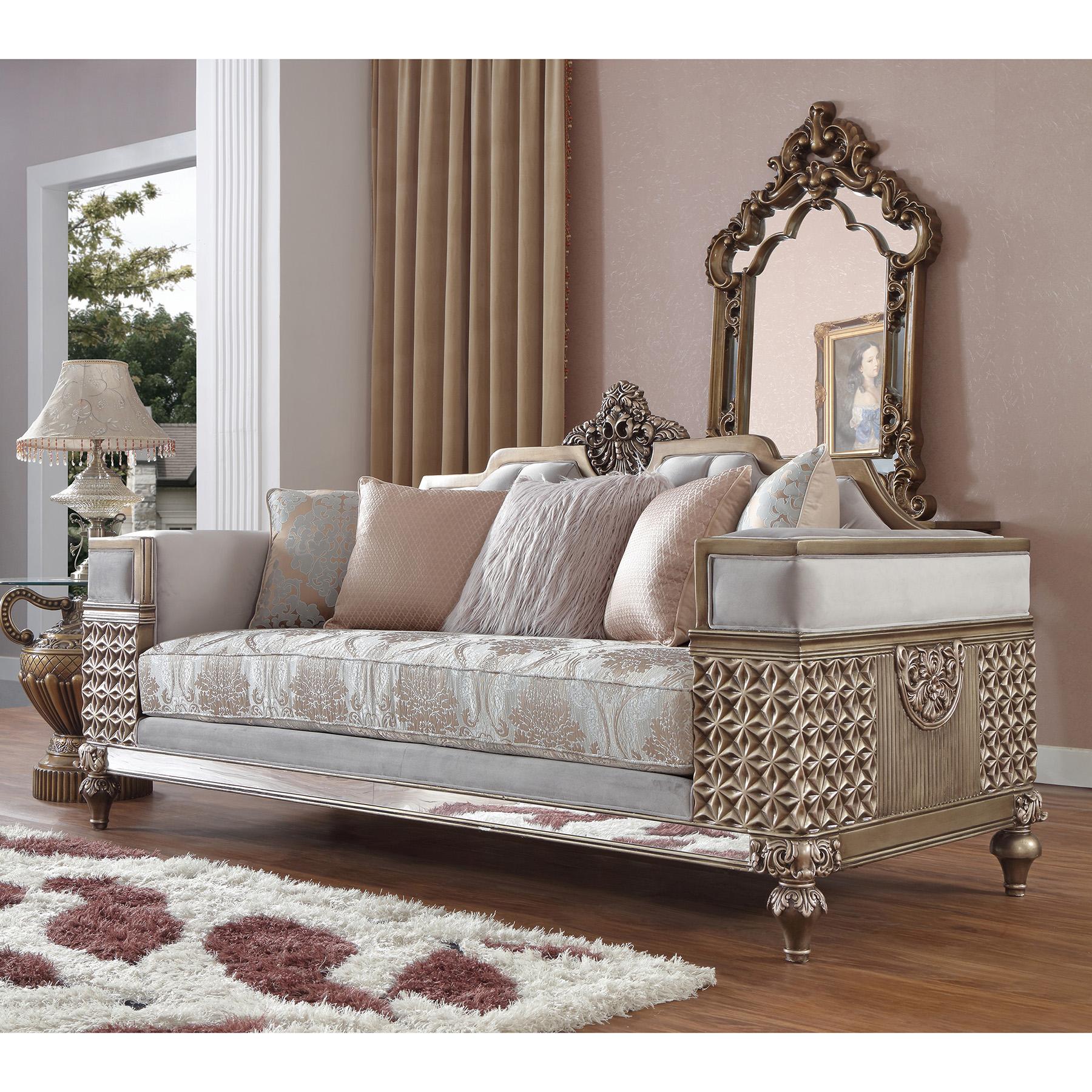 

    
Pearl Fabric & Bronze Finish Sofa Set 2Pcs Traditional Homey Design HD-6033
