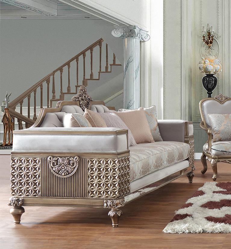 

    
Pearl Fabric & Bronze Finish Sofa Traditional Homey Design HD-6033
