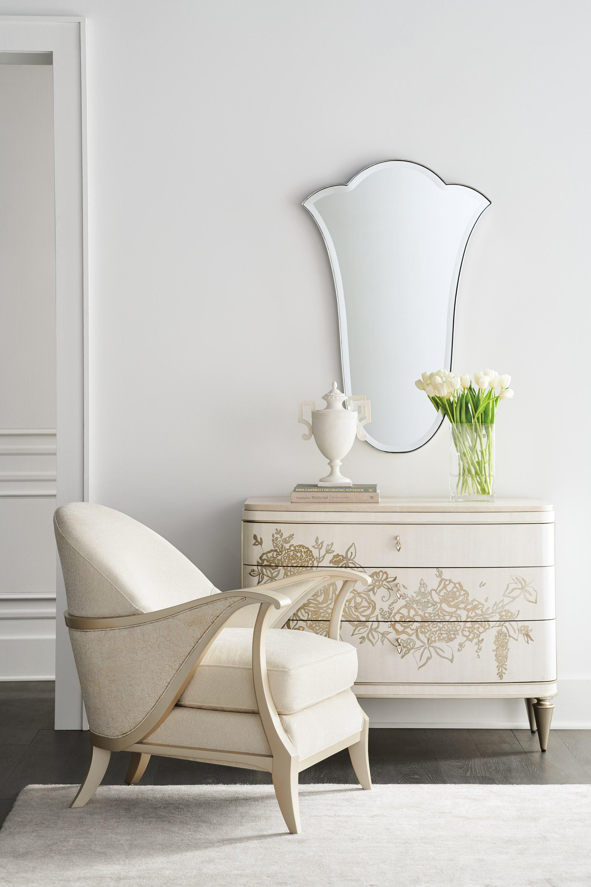 

    
Pearl Finish & Rich Damask Patterm Accent Chair CURTSY by Caracole
