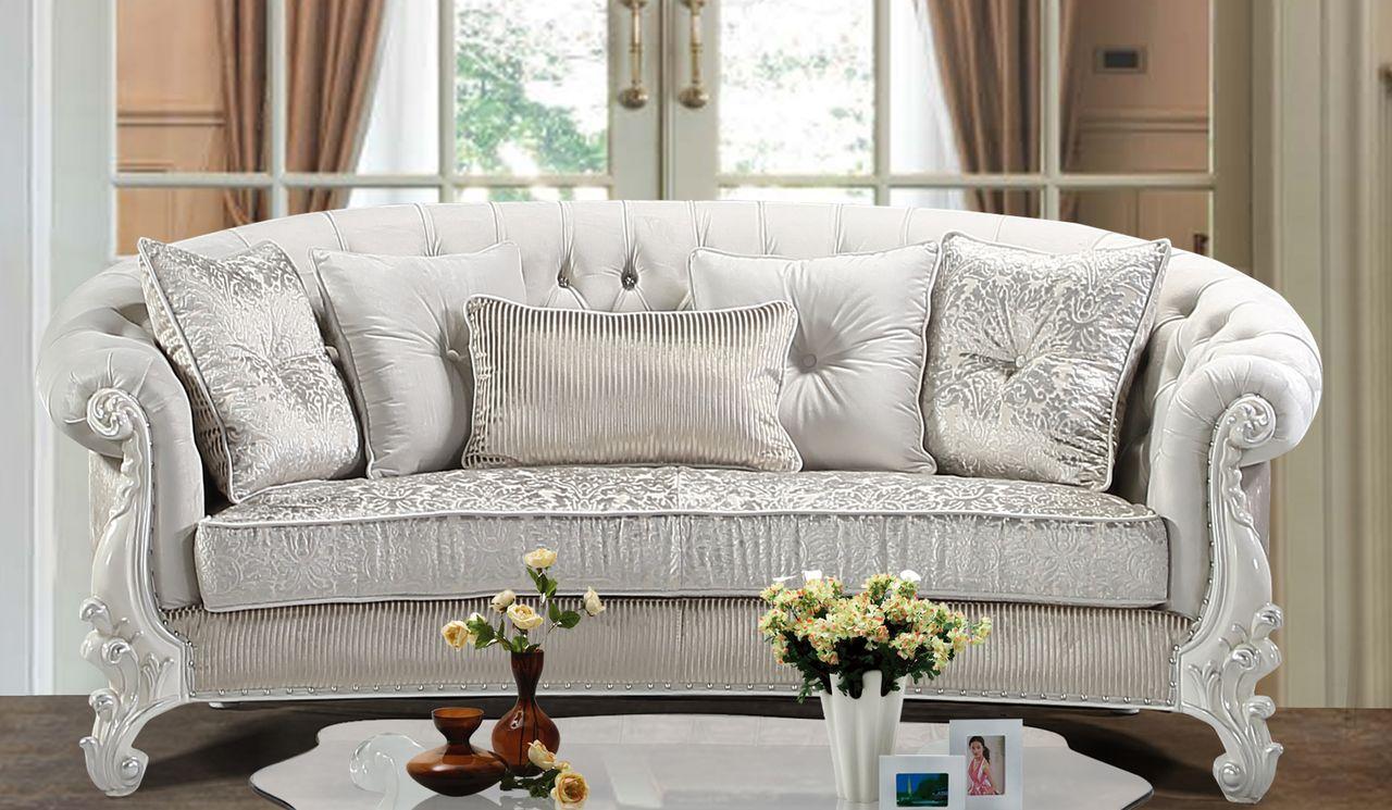 

    
Pearl White Finish Wood Sofa Set 2Pcs Traditional Cosmos Furniture Juliana
