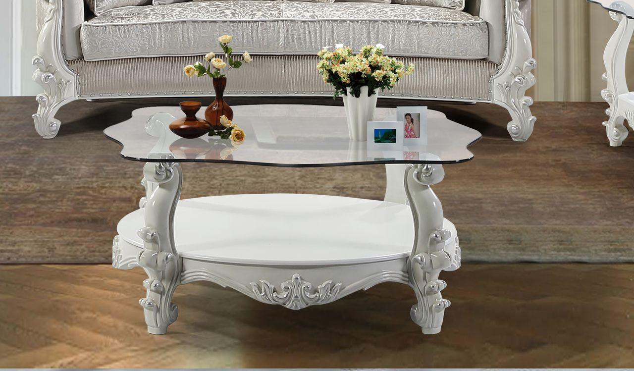 

    
 Order  Pearl White Finish Wood Sofa Set 5Pcs Traditional Cosmos Furniture Juliana
