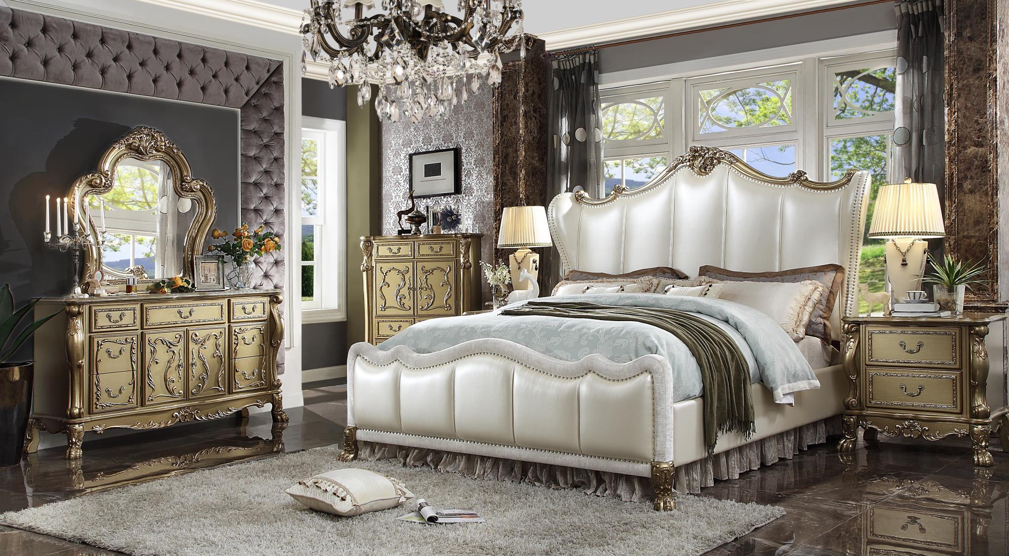 Classic, Traditional Panel Bedroom Set Dresden II-27820Q Dresden II-27820Q-Set-5 in Pearl White, Gold Polyurethane