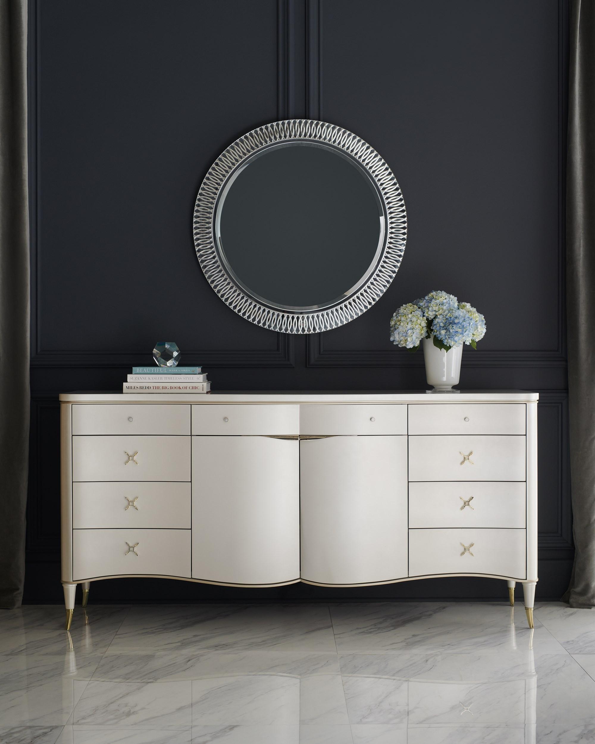 

    
Pearlescent Finish & Sparkling Metallic Dresser & Mirror BELLE OF THE BALL by Caracole
