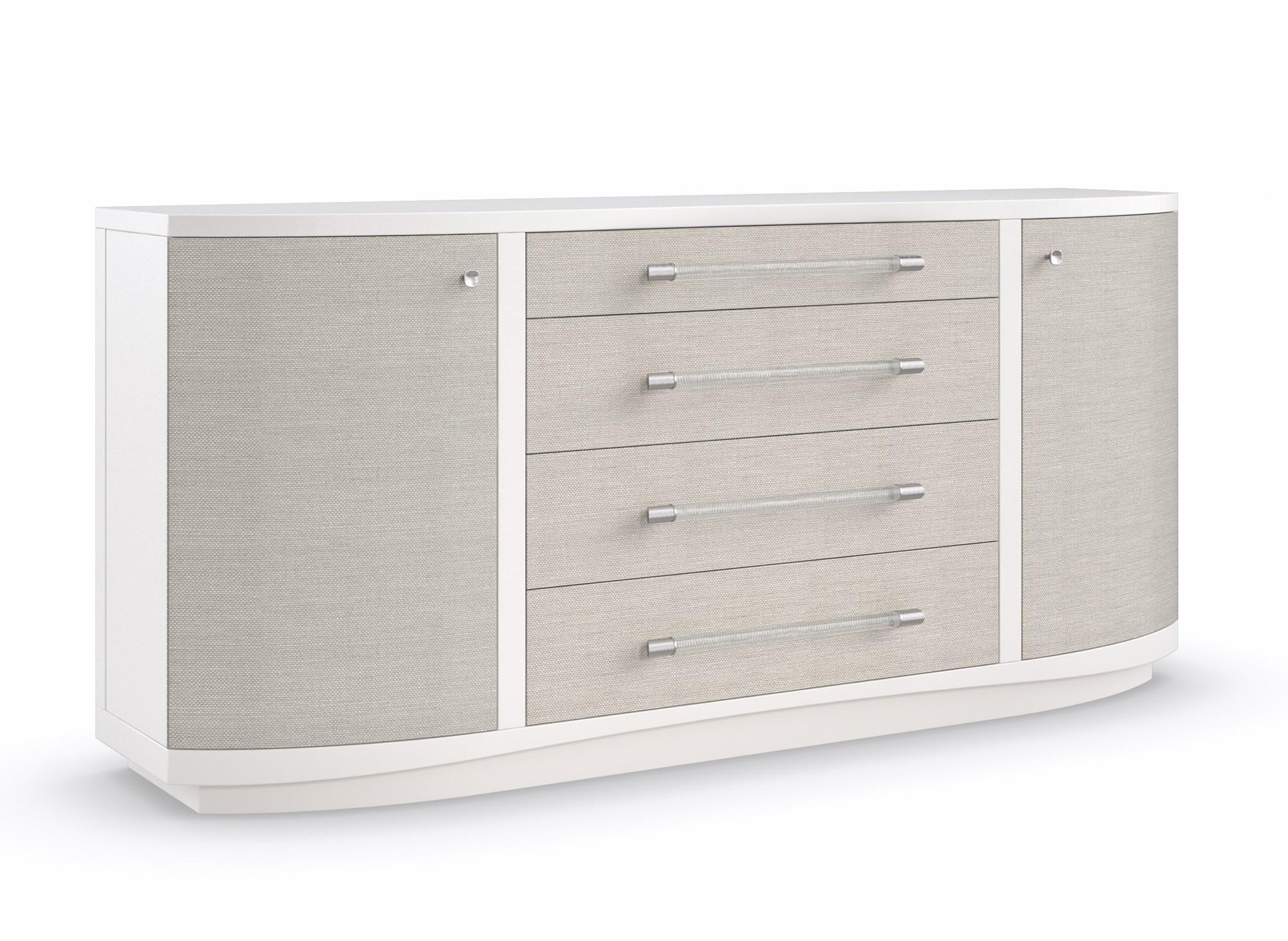 

    
Pearly White Finish 4 Drawers in Sun-Kissed Silver Dresser CLEAR TO ME by Caracole

