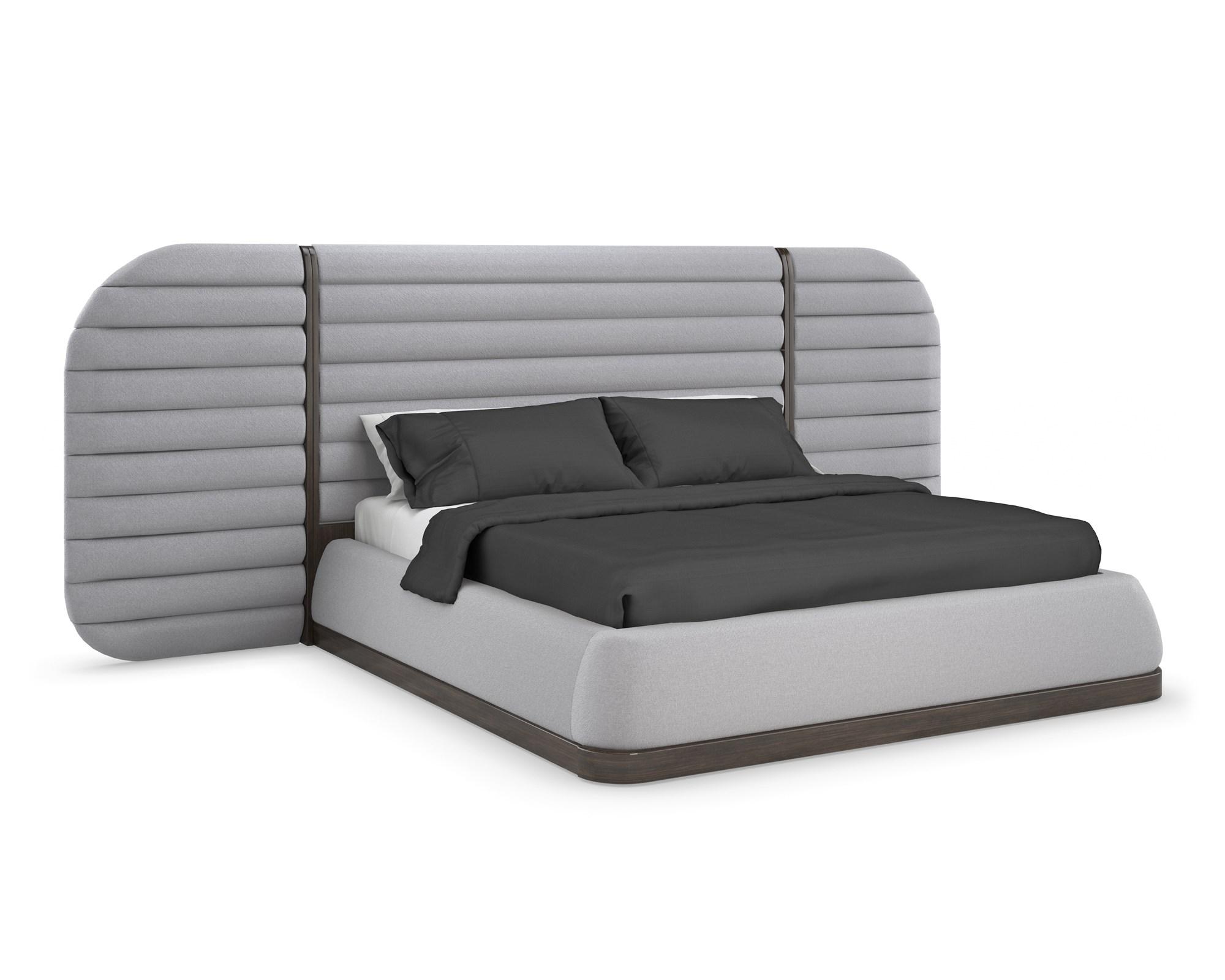 

    
Pebble Gray Billiard Cloth Fabric King Size LA MODA UPH PANEL BED with Side Panels by Caracole
