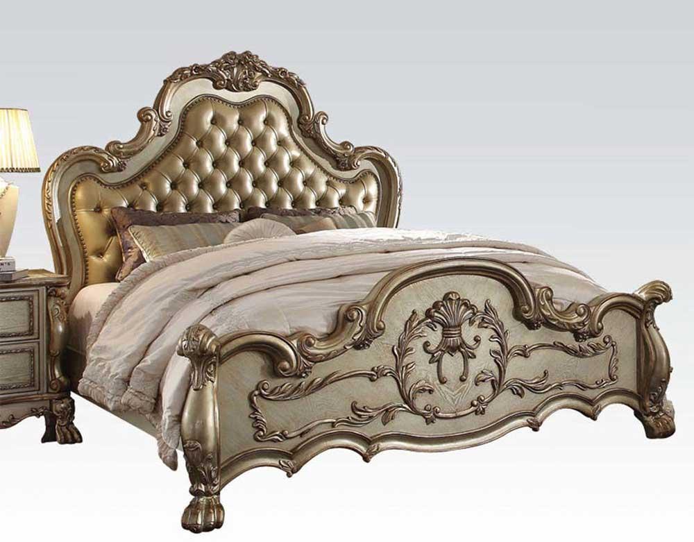 

    
Luxury Tufted Bone PU & Gold Patina Perales Queen Bed Traditional Carved Wood
