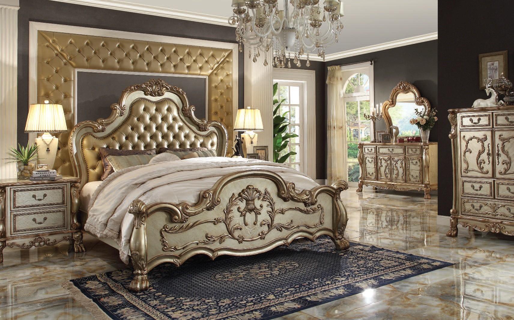 

    
Luxury Bone PU Gold Patina Perales King Bedroom Set 4P Traditional Carved Wood

