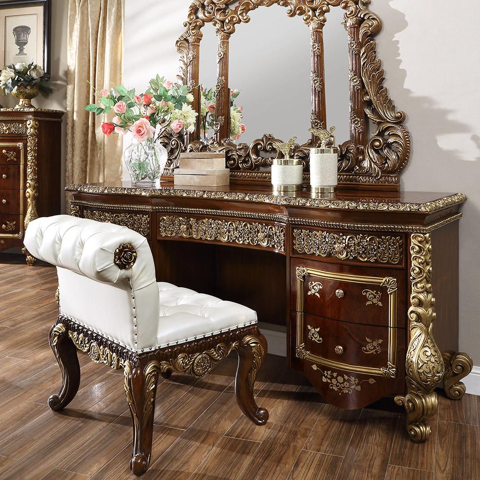 Traditional Dresser With Mirror HD-1803 HD-D1803-2PC in Gold, Brown 