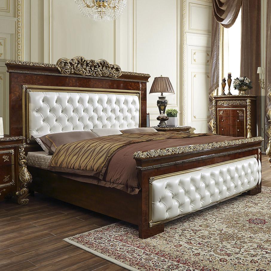 Traditional Panel Bed HD-1803 HD-EK1803 in Gold, Brown Leather