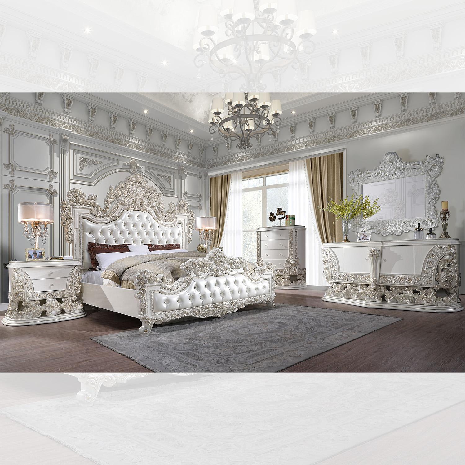 Traditional Sleigh Bedroom Set HD-1813 HD-CK1813SET in White Faux Leather