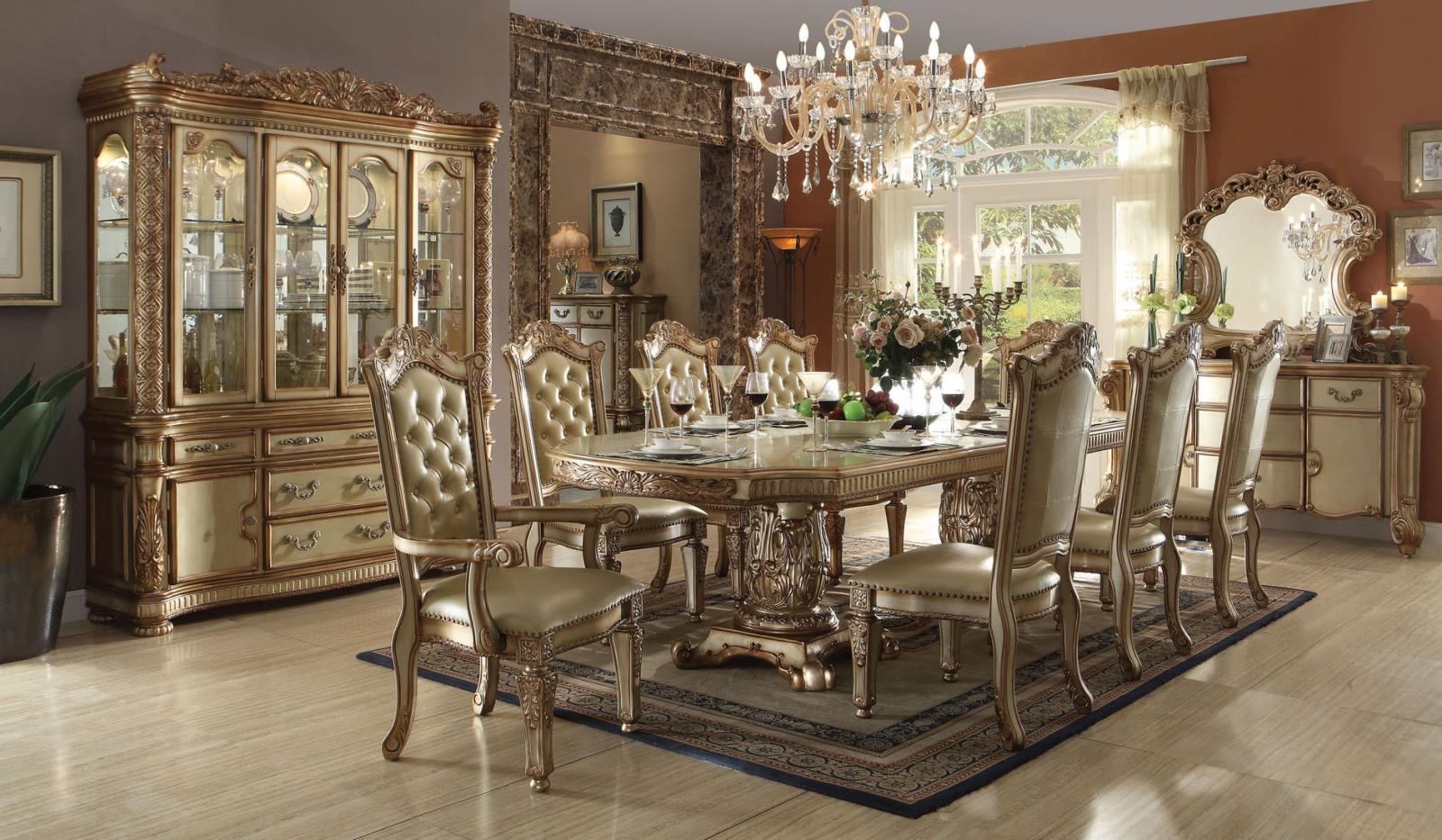 

    
Gold Patina & Bone Petrina Extendable Dining Table Set 5 Carved Wood Traditional
