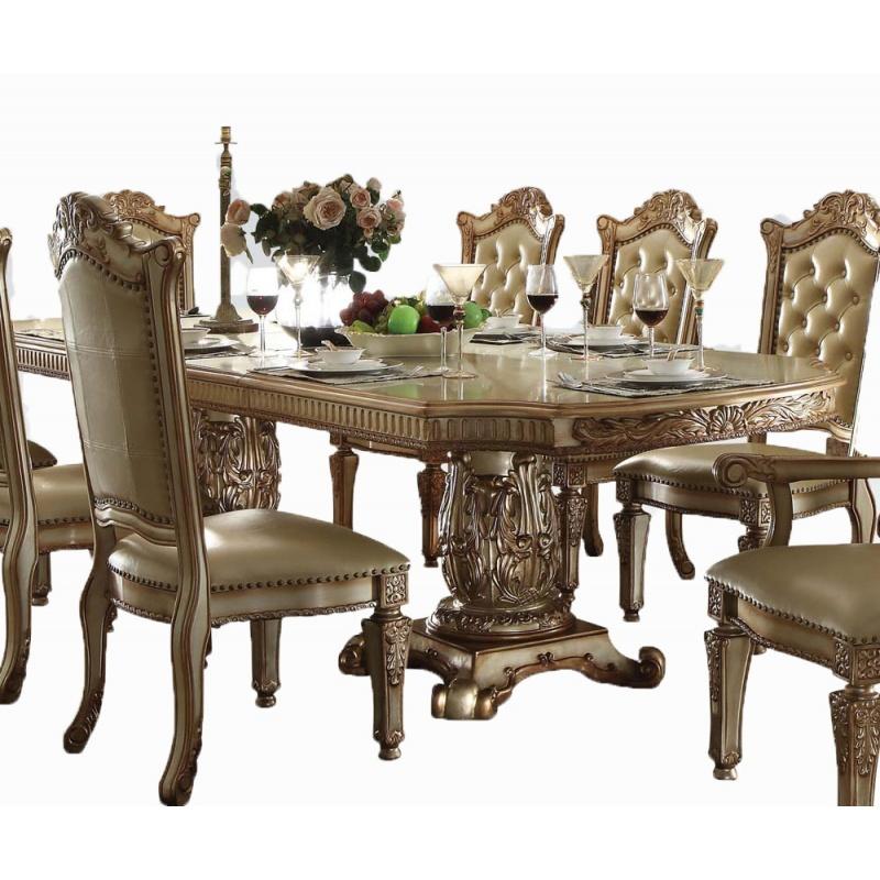 

    
Gold Patina & Bone Petrina Extendable Dining Table Set 5 Carved Wood Traditional
