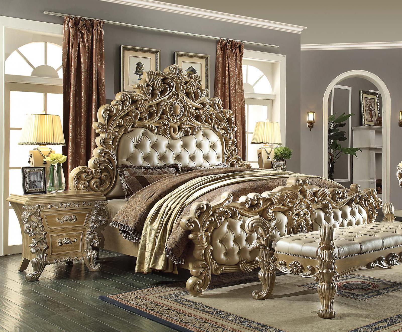 Traditional Panel Bedroom Set HD-7012 HD-7012 CK-3PC in Silver, Champagne Leather