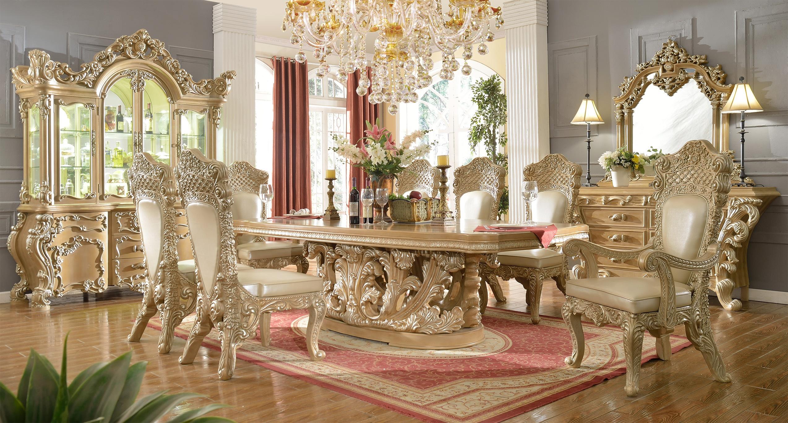 Traditional Dining Table Set HD-7012 HD-7012-DTSET-9PC in Antique Silver, Golden Beige Faux Leather