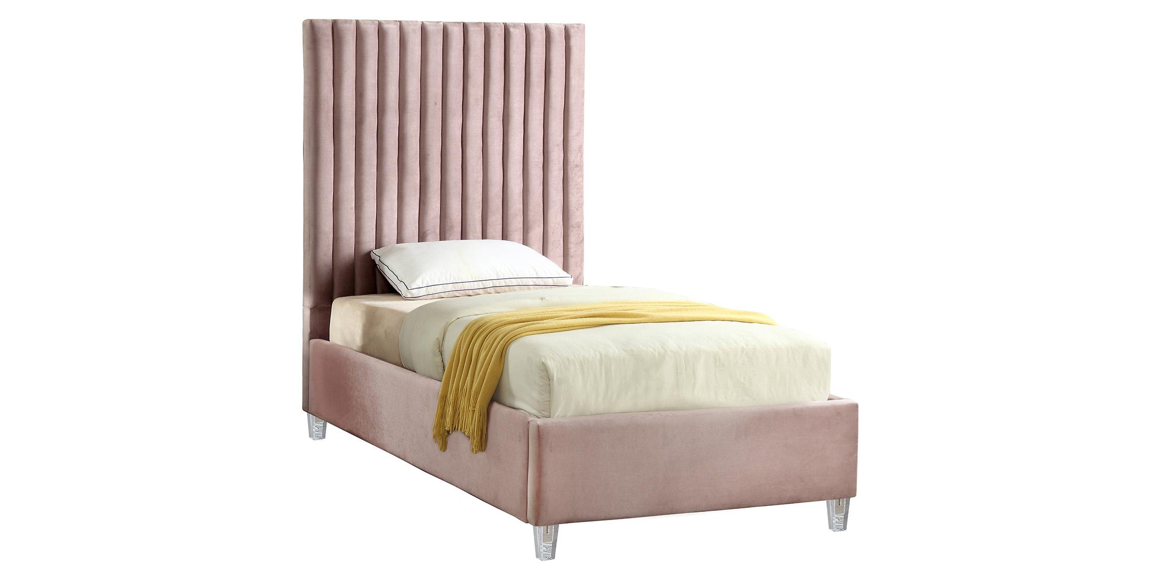 

    
Pink Velvet Channel Tufted Platform Twin Bed Candace Meridian Contemporary
