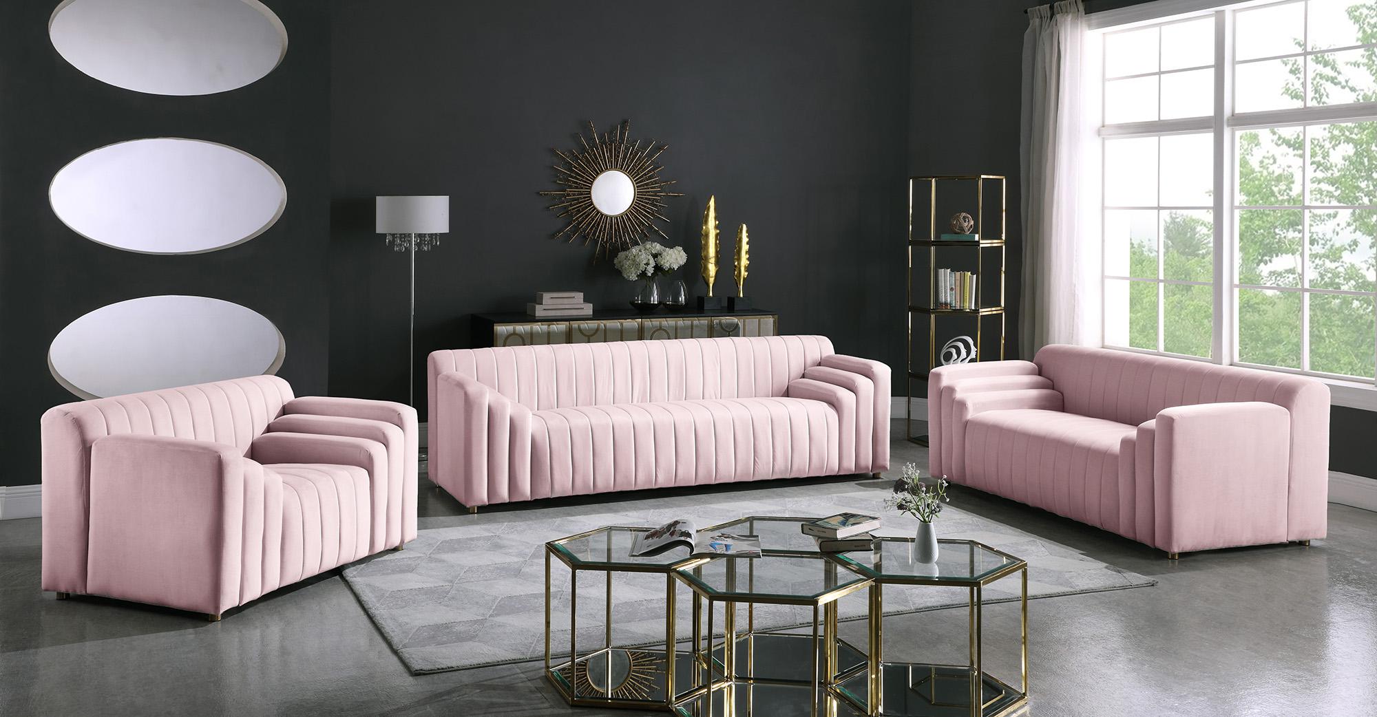 

    
Pink Velvet Channel Tufted Sofa Set 3Pcs NAYA 637Pink-S Meridian Contemporary
