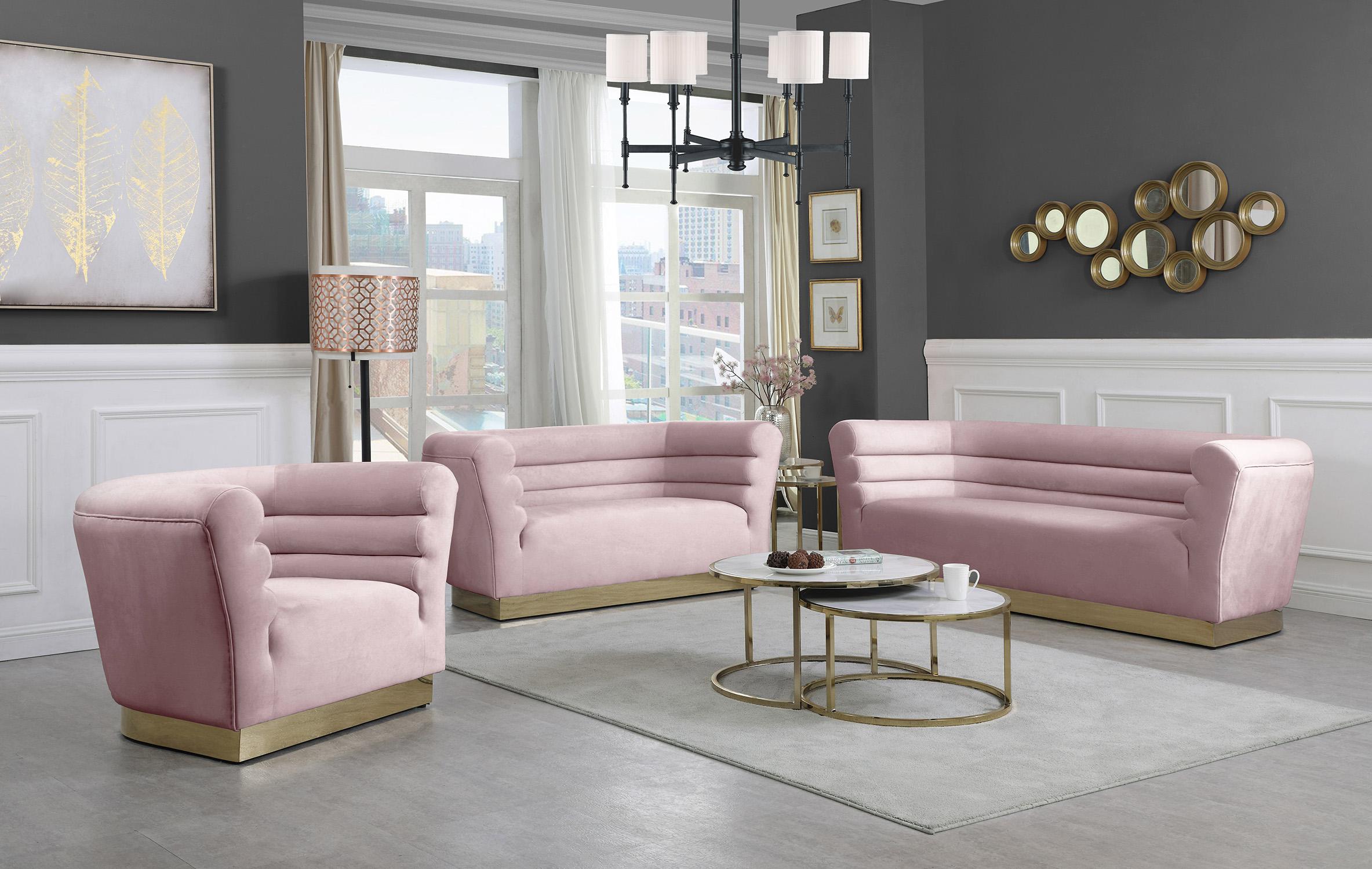 

    
Pink Velvet Channel Tufting Sofa Set 3P BELLINI 669Pink Meridian Contemporary
