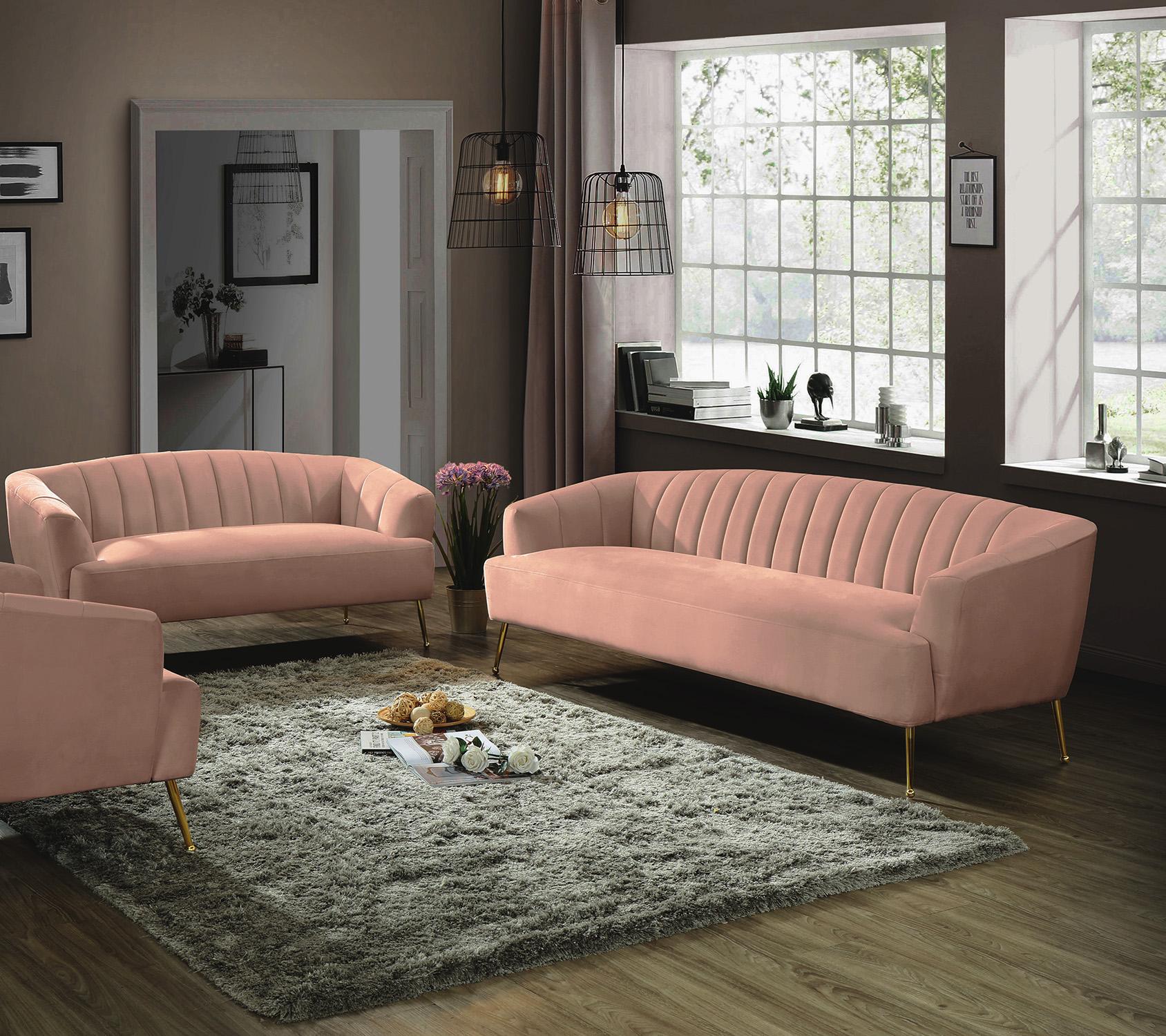 

    
 Shop  Pink Velvet Channel Tufted Sofa Set 2P TORI 657Pink Meridian Modern Contemporary
