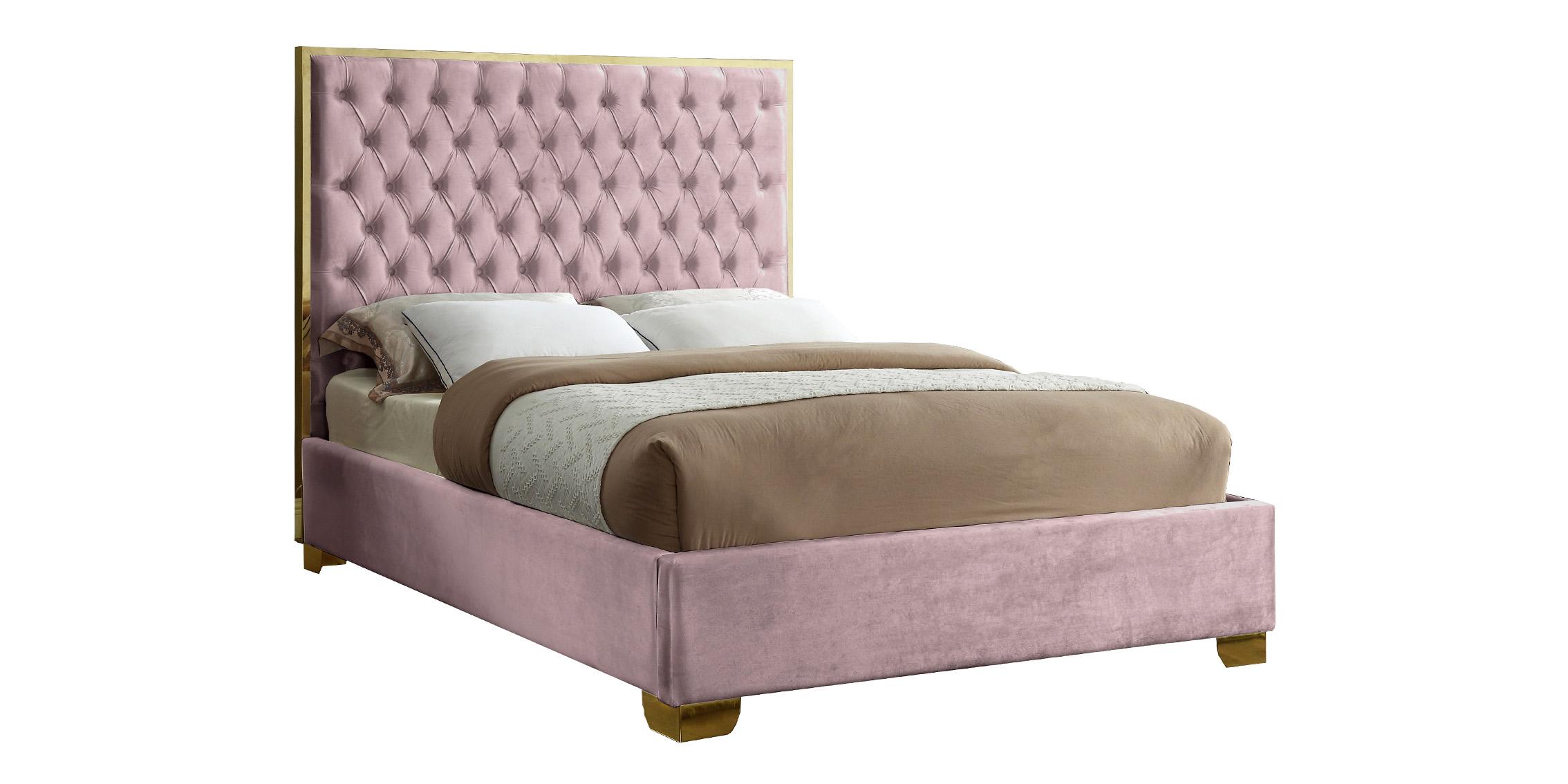 

    
Pink Velvet & Gold Trim Deep Tufting King Bed LANA Meridian Contemporary Modern
