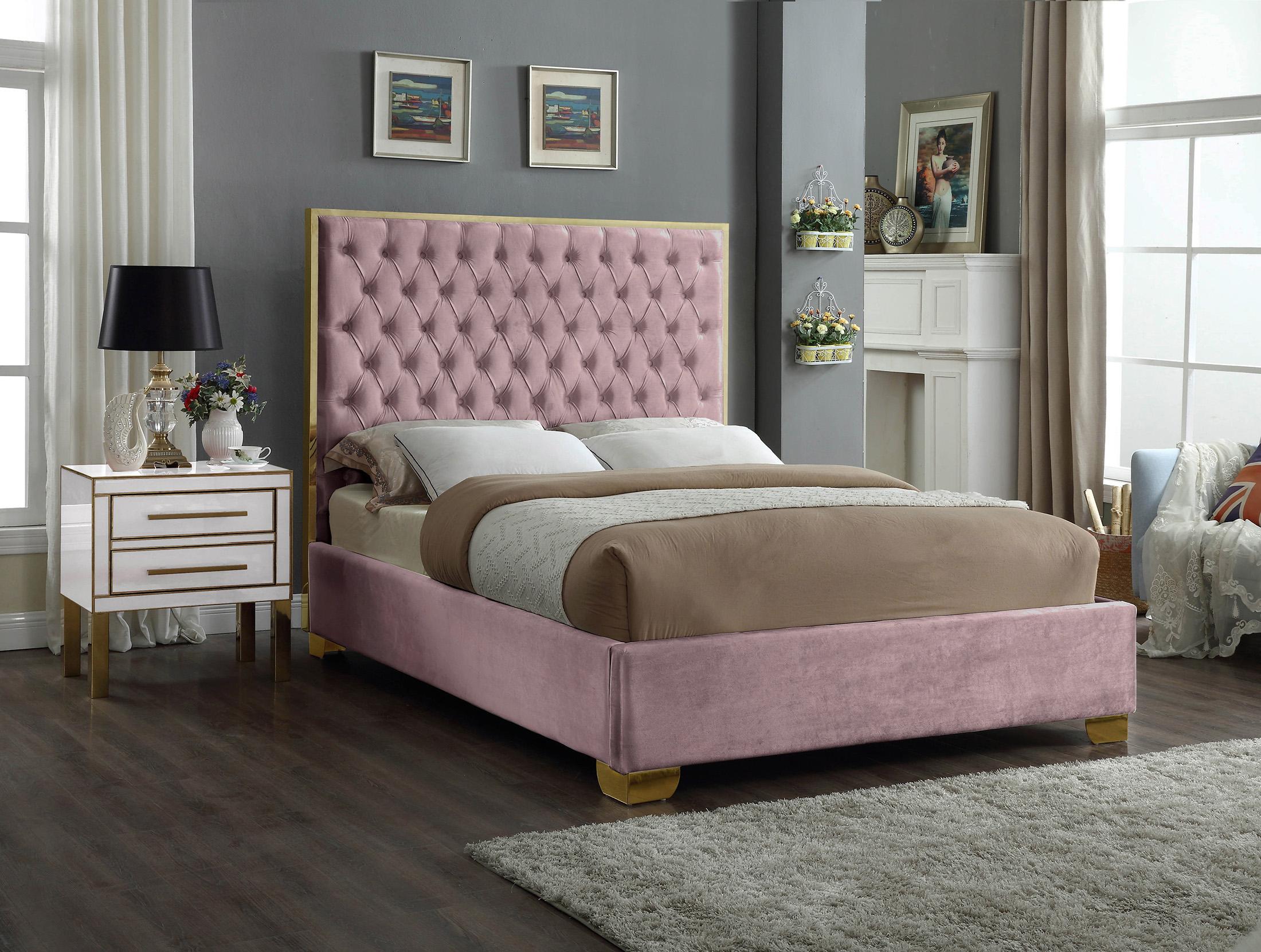 

    
Pink Velvet & Gold Trim Deep Tufting Queen Bed LANA Meridian Contemporary Modern
