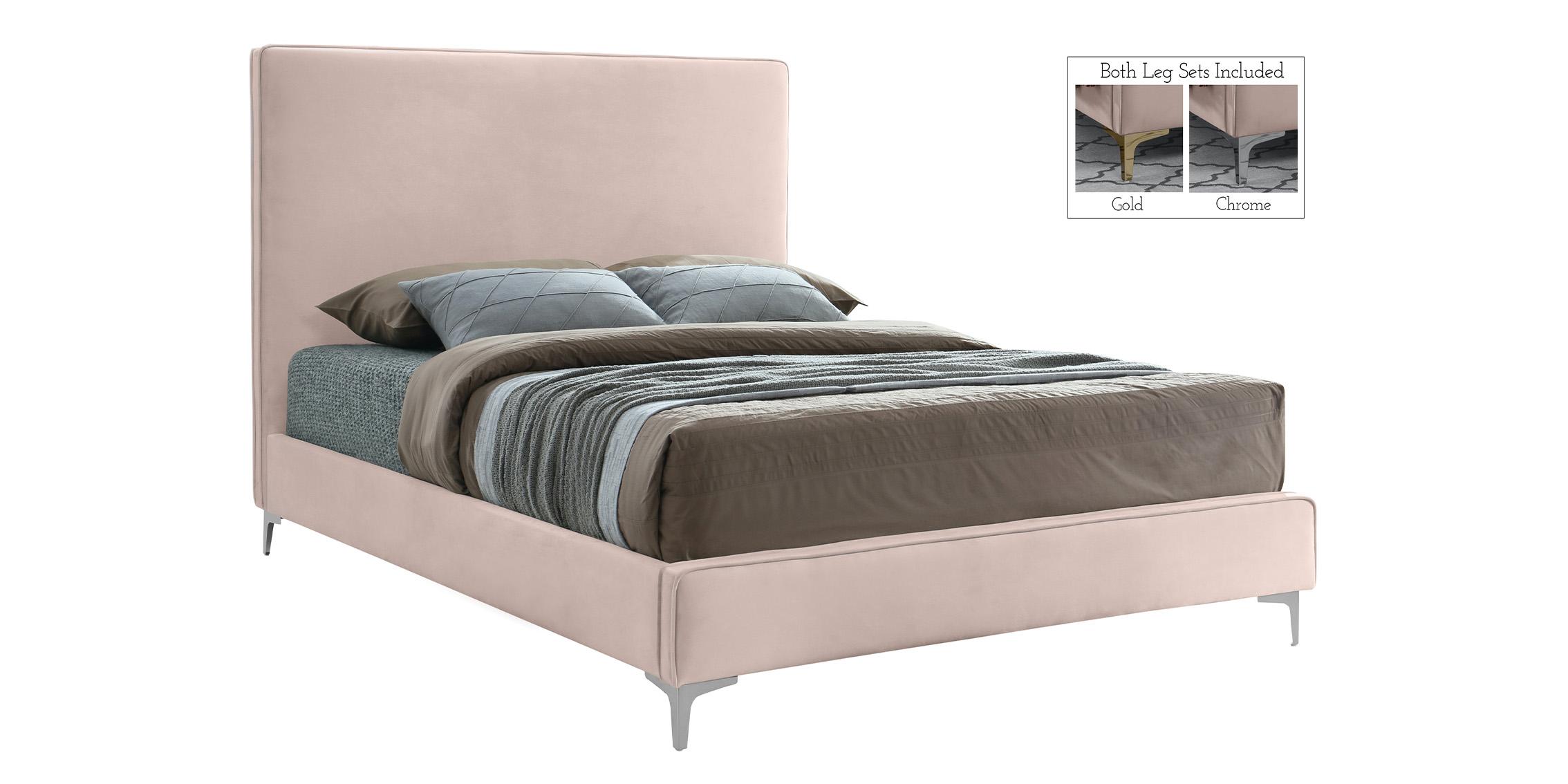 

    
Pink Velvet Gold & Chrome Legs Platform Queen Bed GeriPink-Q Meridian Modern
