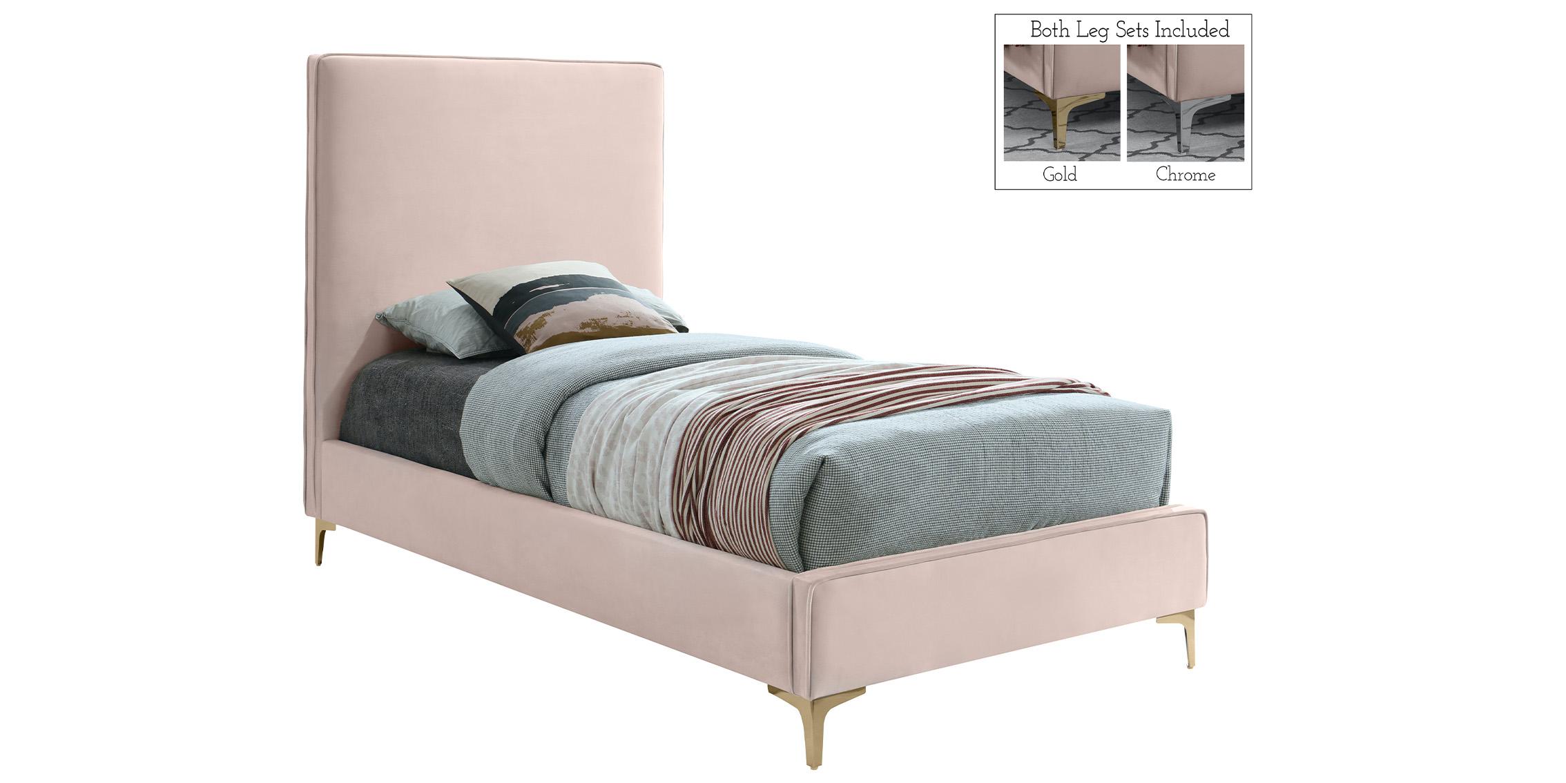 

    
Pink Velvet Gold & Chrome Legs Platform Twin Bed GeriPink-T Meridian Modern
