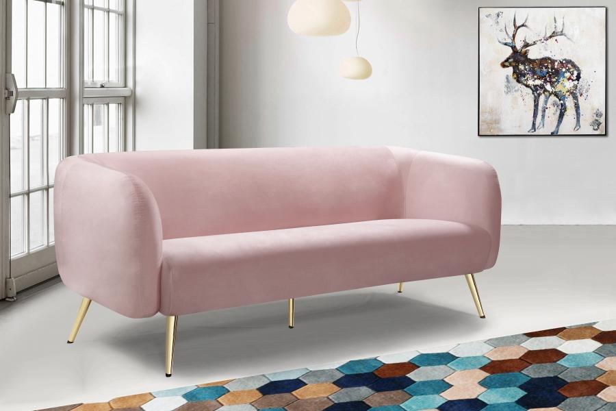 

    
Pink Velvet Gold Metal Legs Sofa Classic Meridian Furniture Harlow
