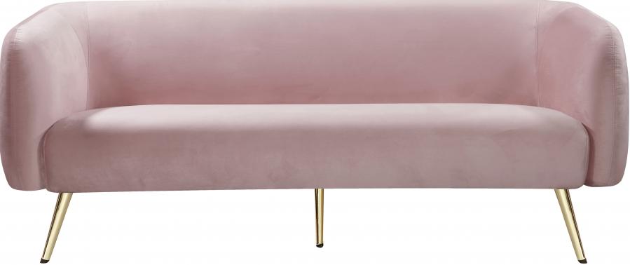 

    
Pink Velvet Gold Metal Legs Sofa Loveseat & Chair Meridian Furniture Harlow
