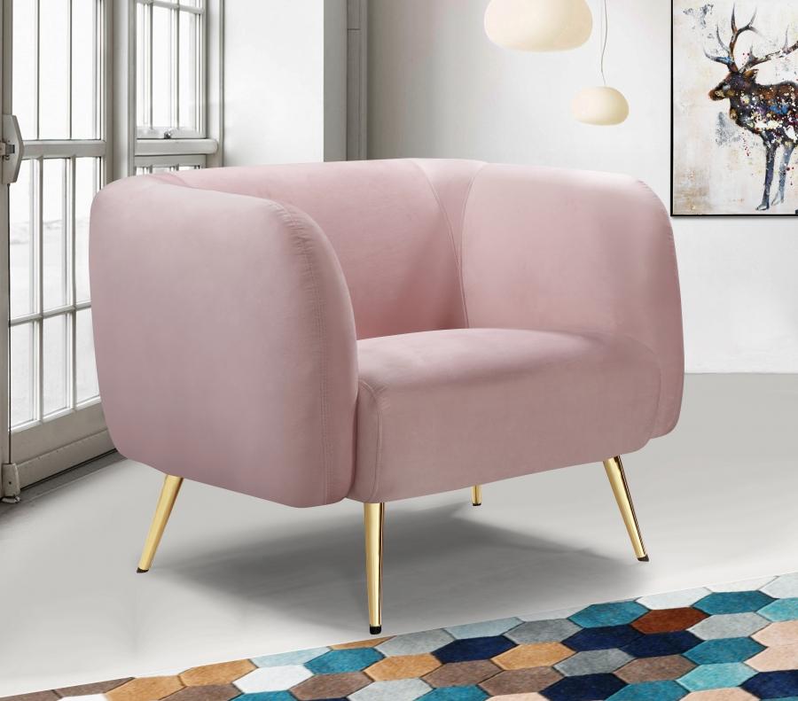 

    
 Photo  Pink Velvet Gold Metal Legs Sofa Loveseat & Chair Meridian Furniture Harlow
