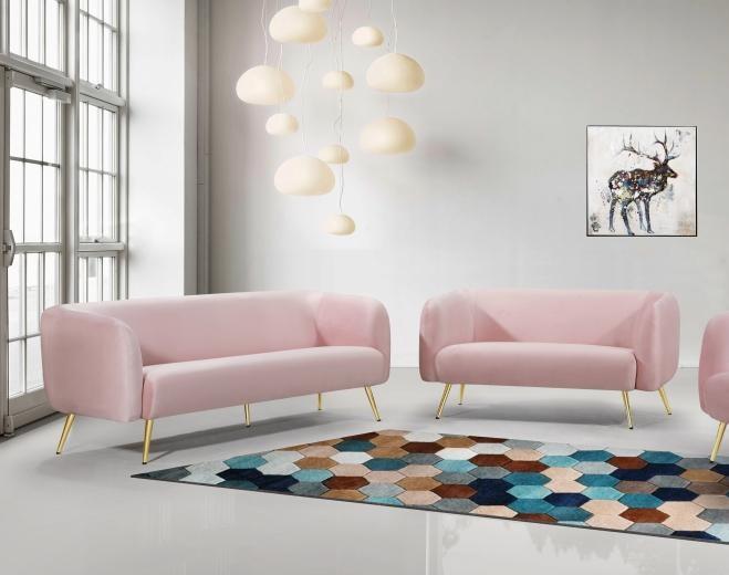 

    
Pink Velvet Gold Metal Legs Sofa & Loveseat Set 2Pcs Meridian Furniture Harlow
