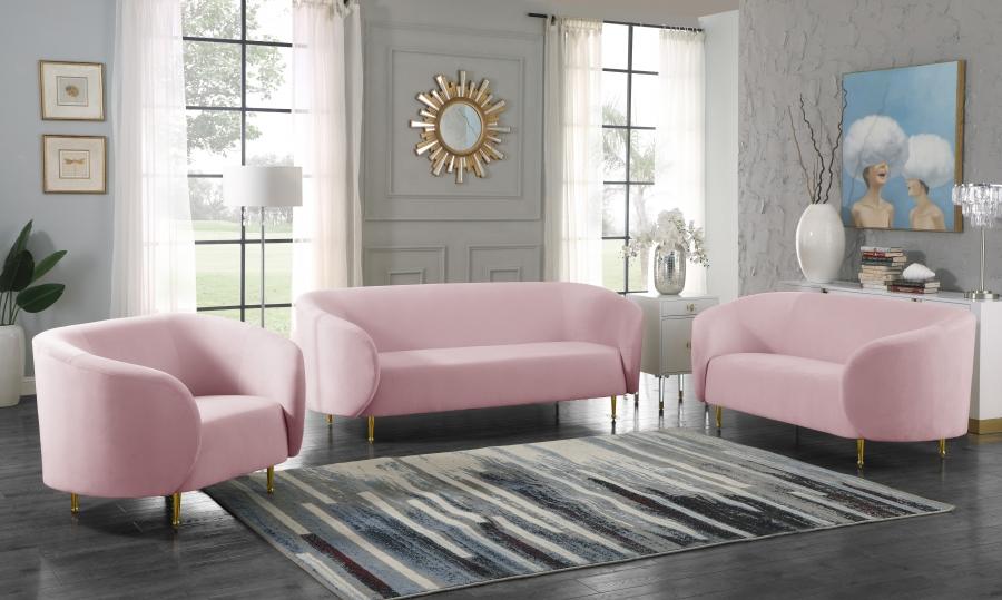 

    
Pink Velvet Gold Steel Legs Sofa Loveseat & Chair Meridian Furniture Lavilla
