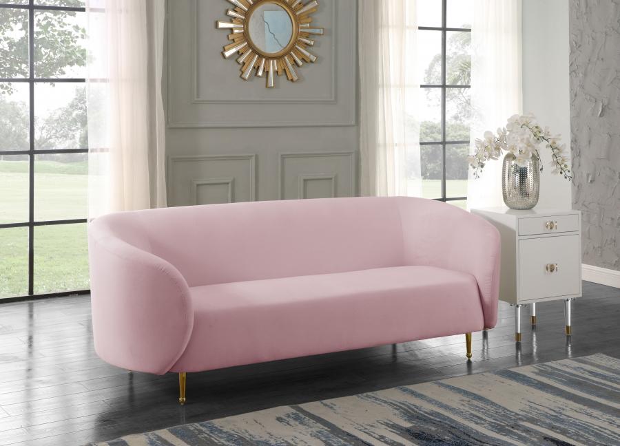 

    
611Pink-Set-3 Pink Velvet Gold Steel Legs Sofa Loveseat & Chair Meridian Furniture Lavilla
