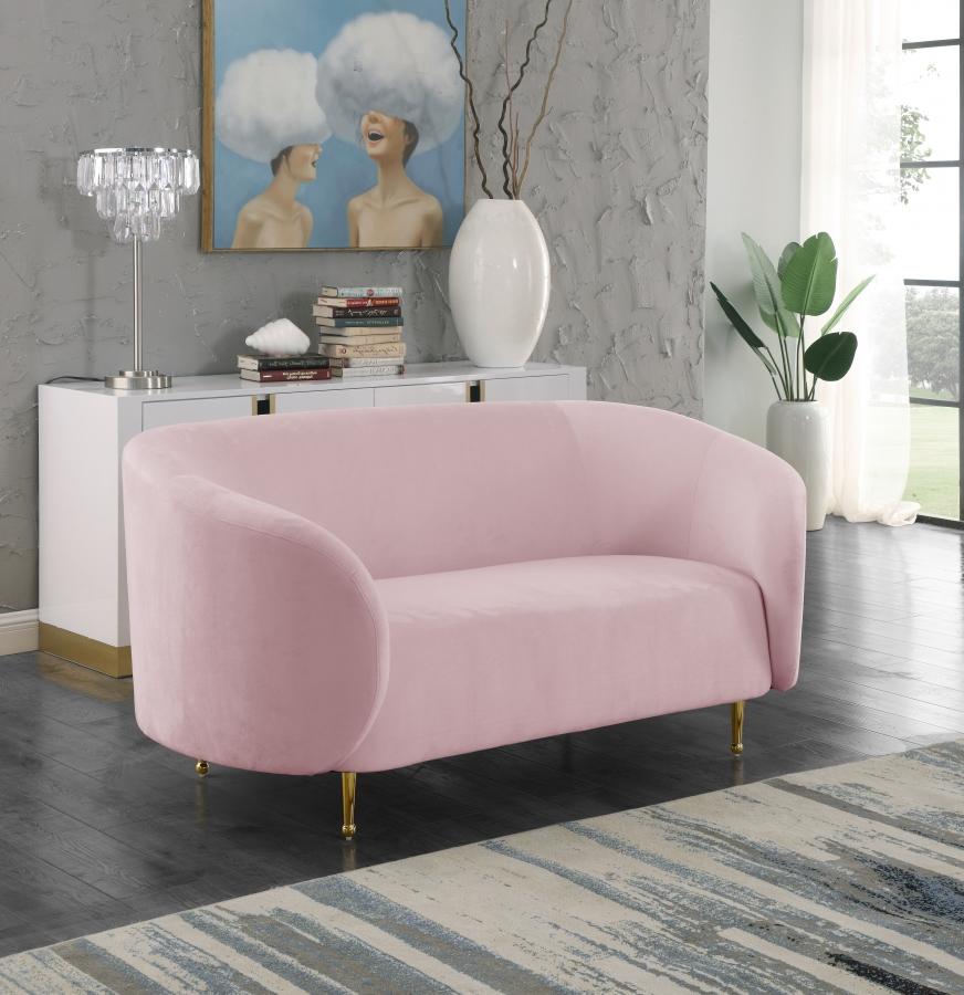 

        
00704831400977Pink Velvet Gold Steel Legs Sofa Loveseat & Chair Meridian Furniture Lavilla
