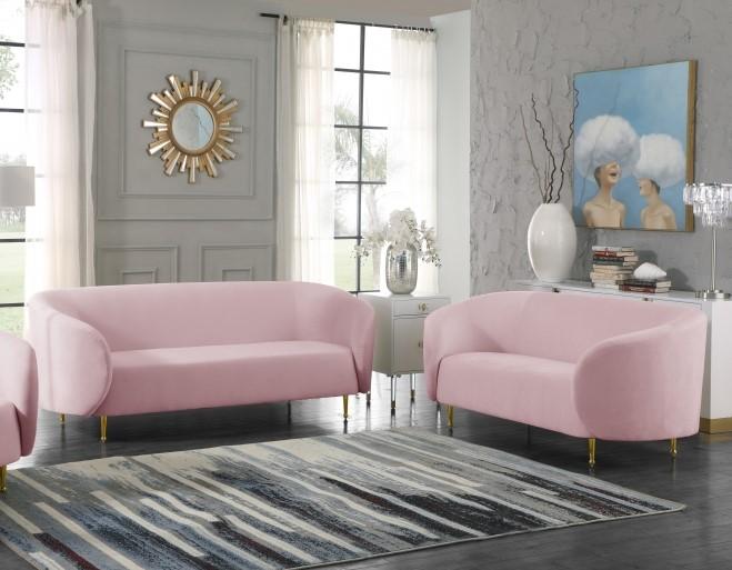 

    
Pink Velvet Gold Steel Legs Sofa & Loveseat Set 2Pcs Meridian Furniture Lavilla
