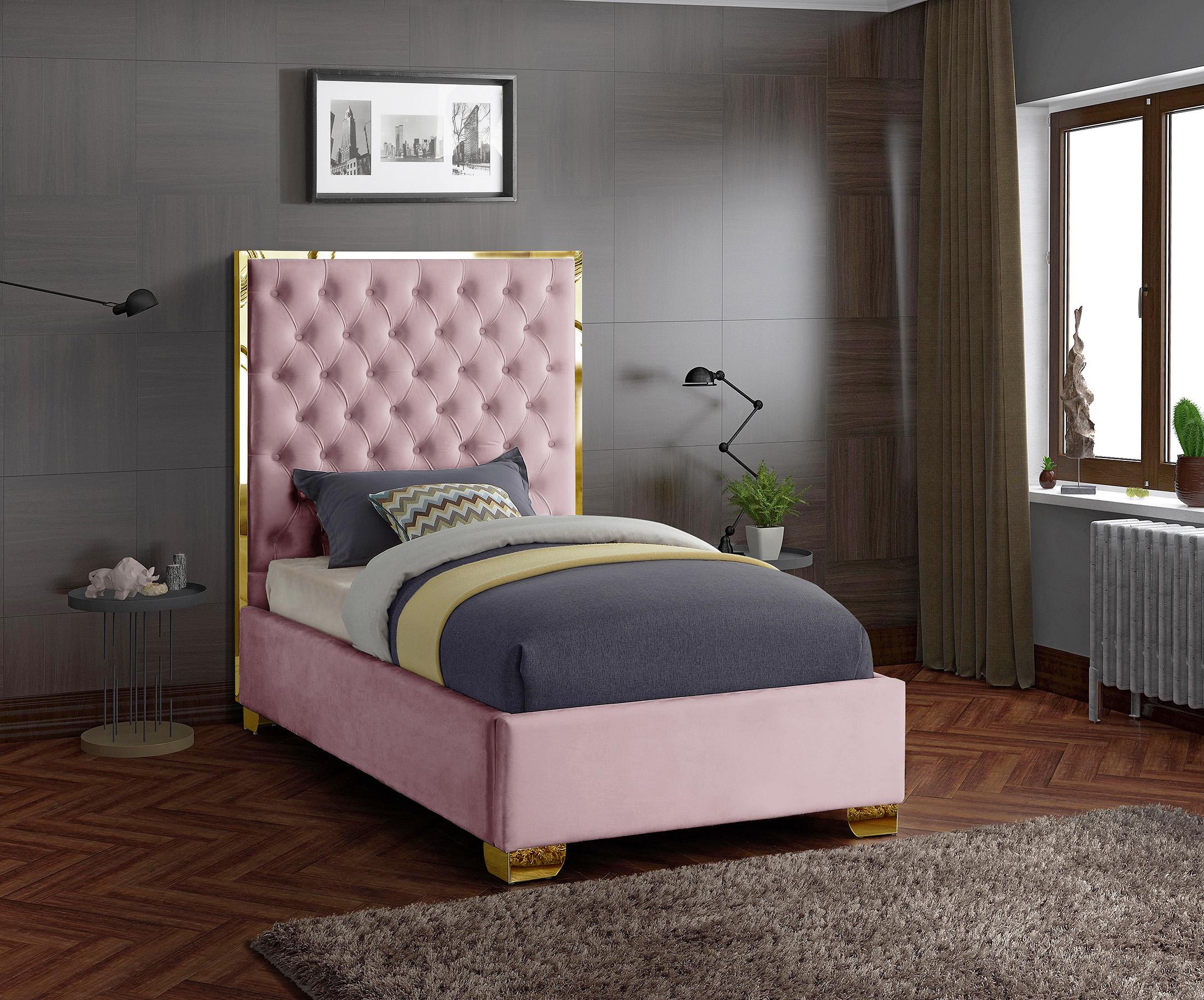 

    
Pink Velvet & Gold Trim Deep Tufting Twin Bed LANA Meridian Contemporary Modern
