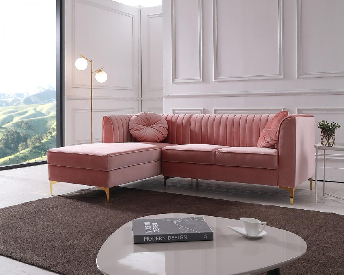 Contemporary, Modern Sectional Sofa HK - RACHEL SECTIONAL FAB PINK NOLA-33A/GOLD LAF CHAISE VG2T1128-PNK in Pink, Gold Fabric