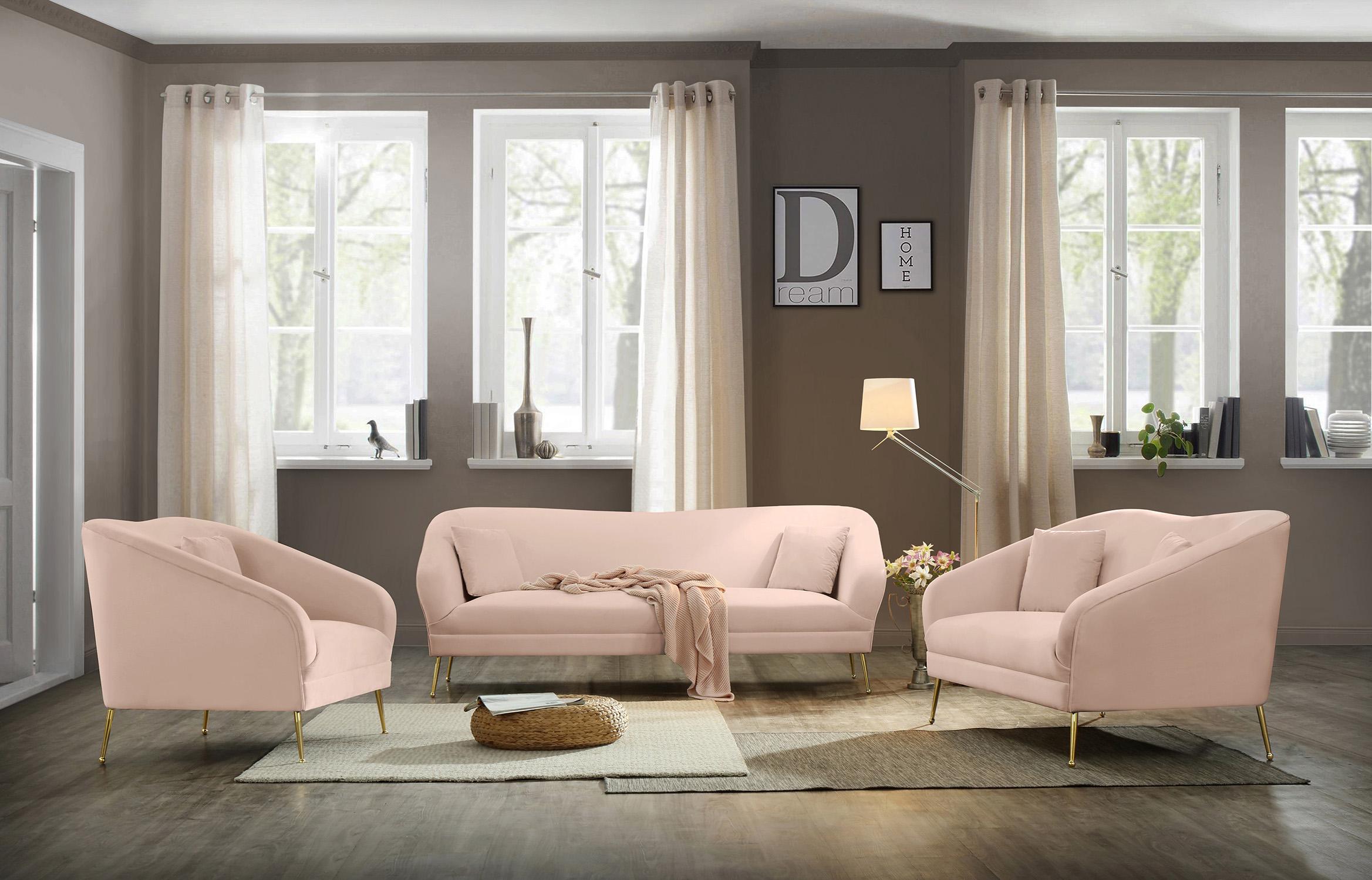 

    
Pink Velvet Curved Sofa Set 3 Pcs HERMOSA 658Pink Meridian Mid-Century Modern
