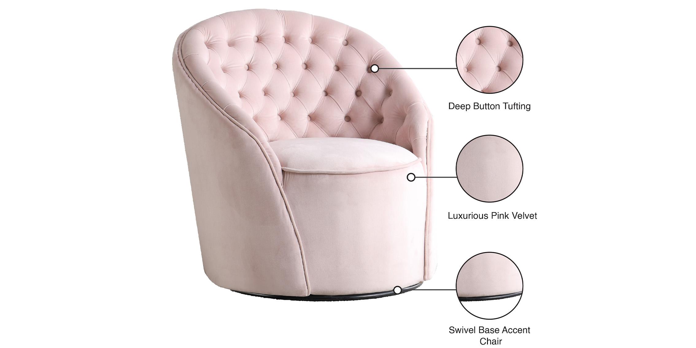 

    
501Pink-Set-2 Pink Velvet & Swivel Base Accent Chair Set 2Pcs ALESSIO 501Pink Meridian Modern
