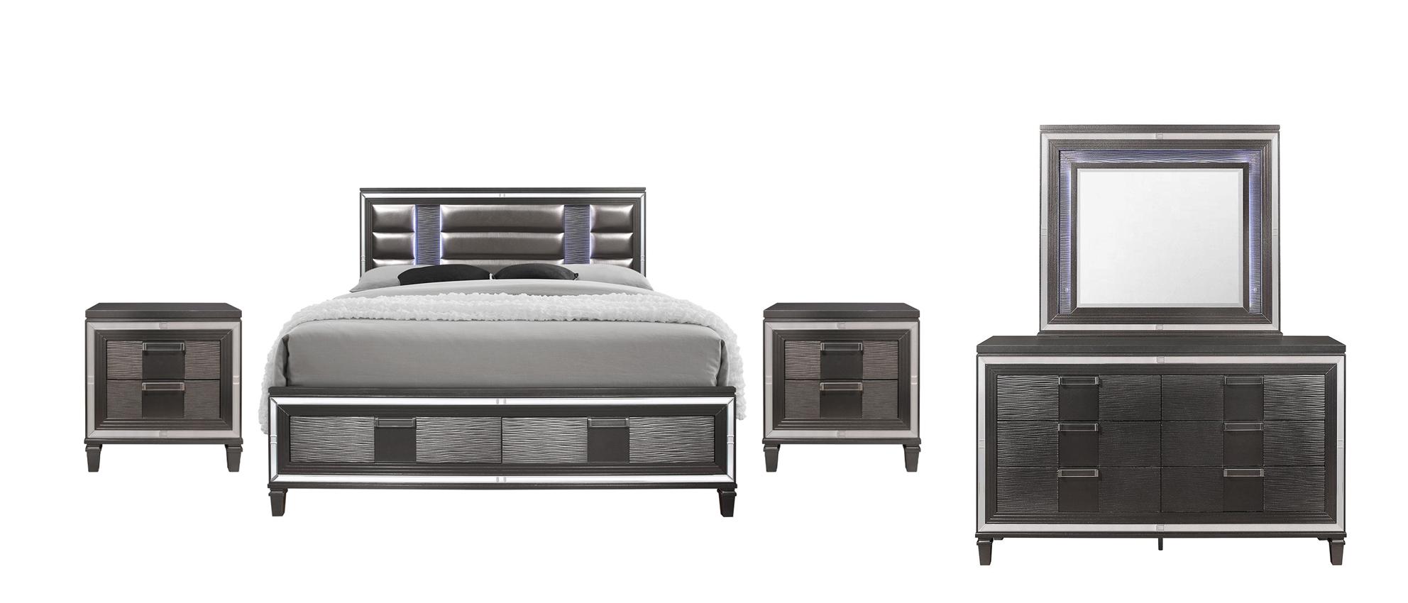 

    
PISA Modern Metallic Gray Finish King Bed Set 5Pcs w/ LED & Mirror Accents Global US
