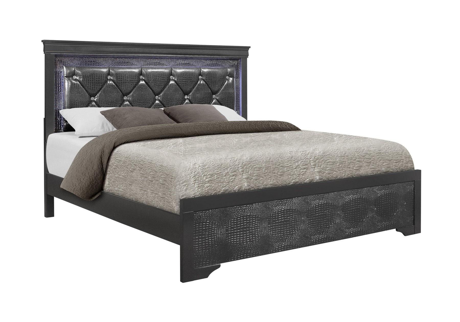 Modern Panel Bed POMPEI POMPEI-GR-KB in Metallic, Gray Crocodile Textured