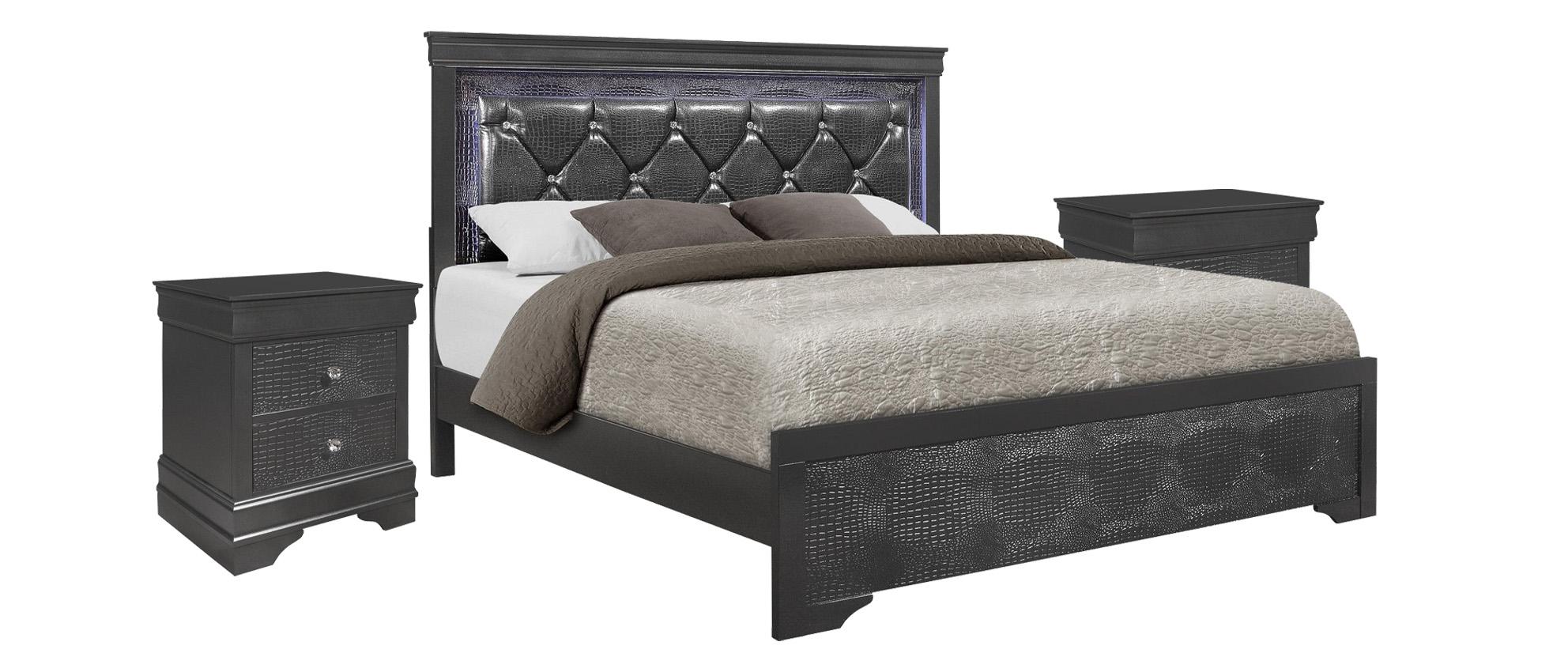 Modern Panel Bedroom Set POMPEI POMPEI-GR-KB-Set-3 in Metallic, Gray Crocodile Textured