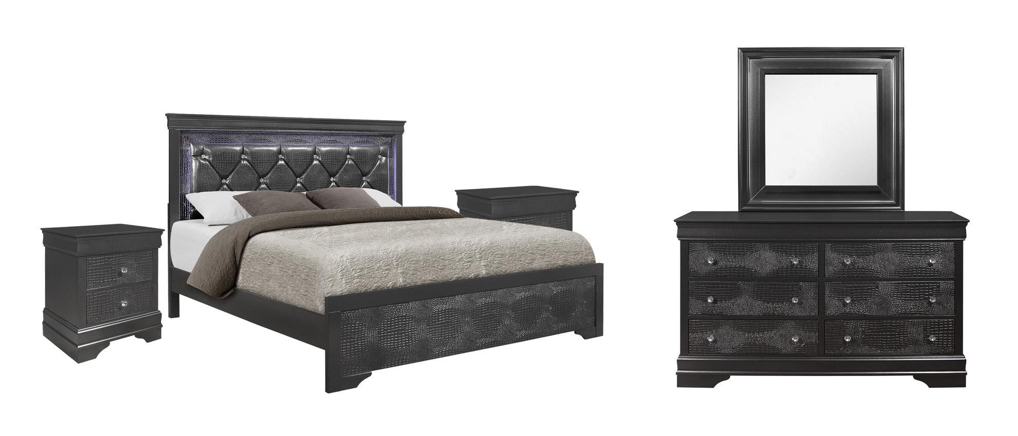 Modern Panel Bedroom Set POMPEI POMPEI-GR-KB-Set-5 in Metallic, Gray Crocodile Textured
