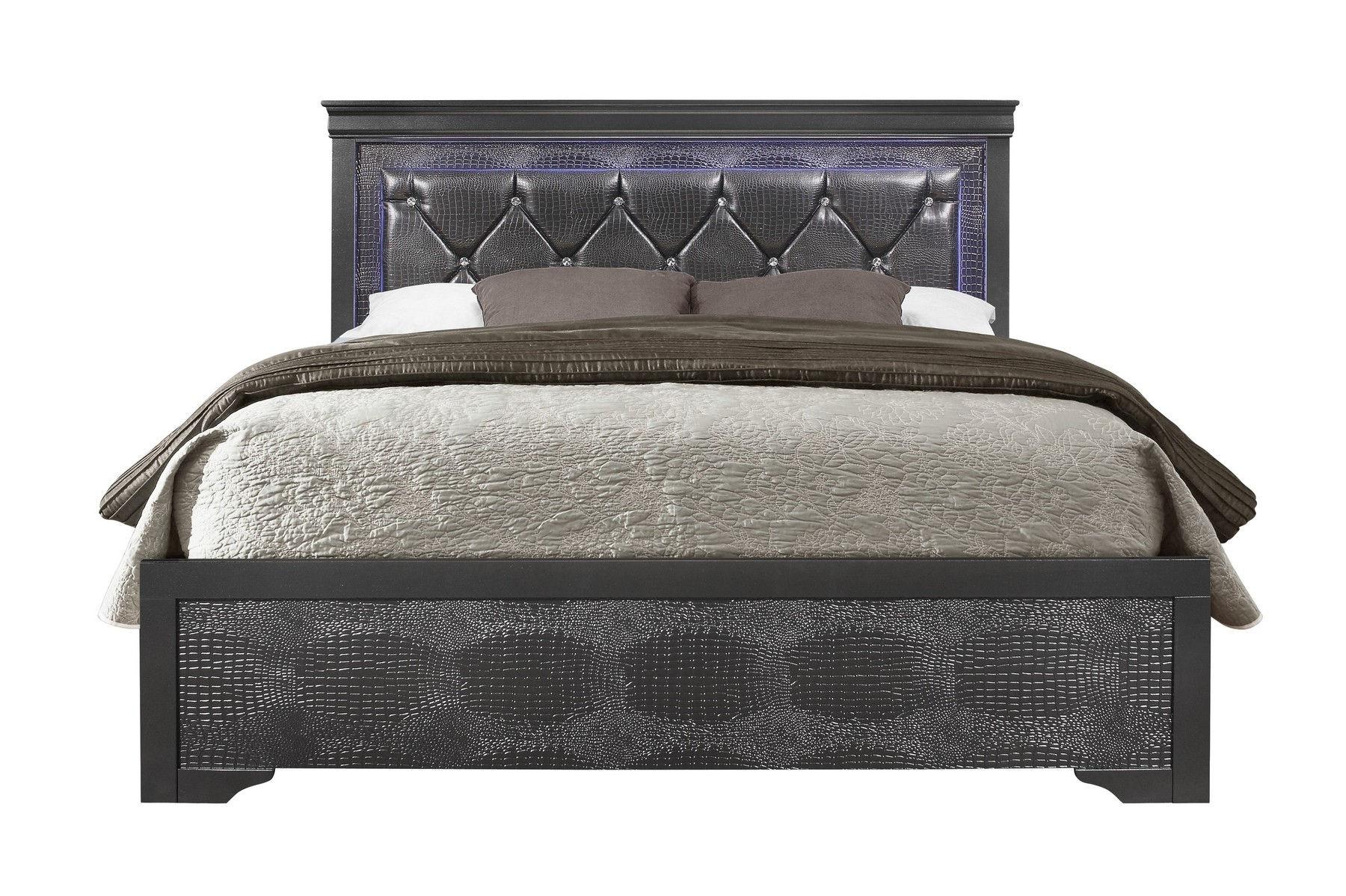

    
POMPEI Modern Gray Crocodile Leather Insert Queen Bed Global US
