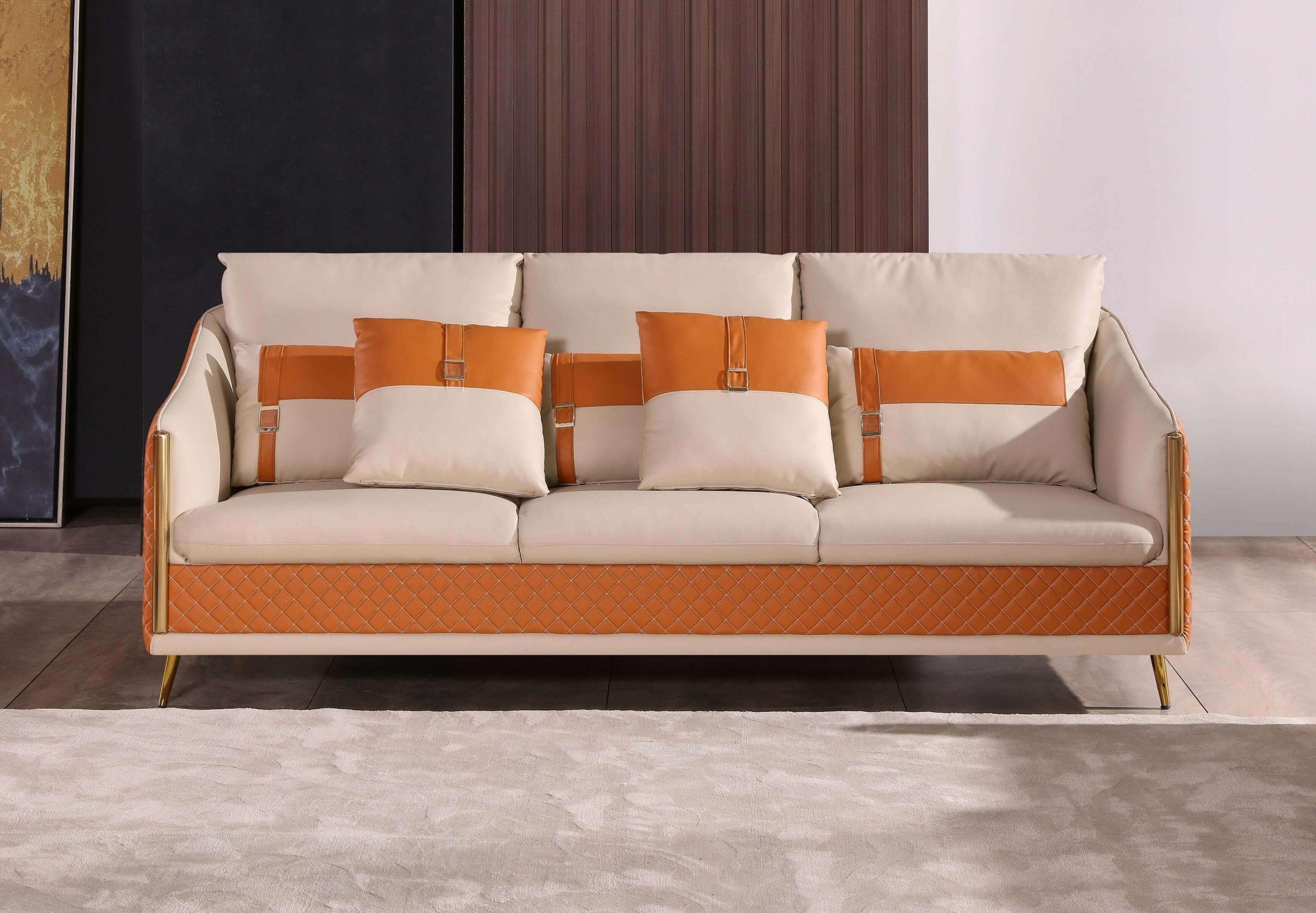 Modern, Vintage Sofa ICARO EF-64455-S in Off-White, Orange Italian Leather