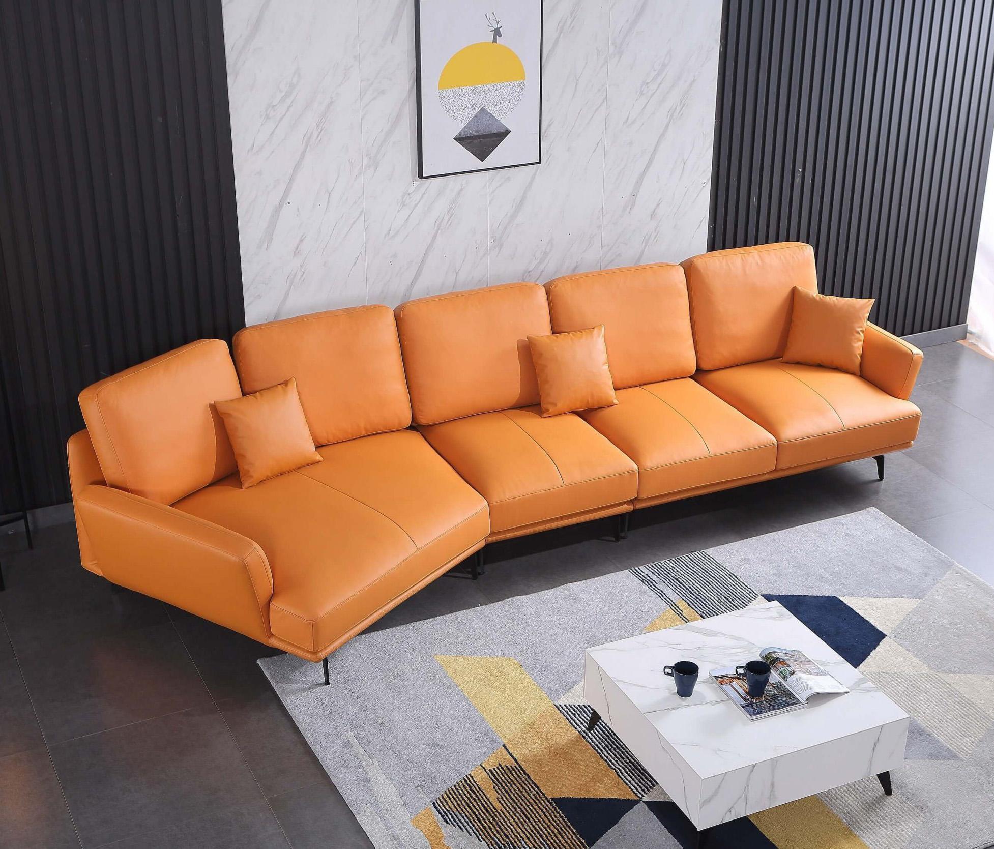 Modern, Vintage 5 Seater Sectional Sofa GALAXY EF-54431L-3LHC in Orange Italian Leather