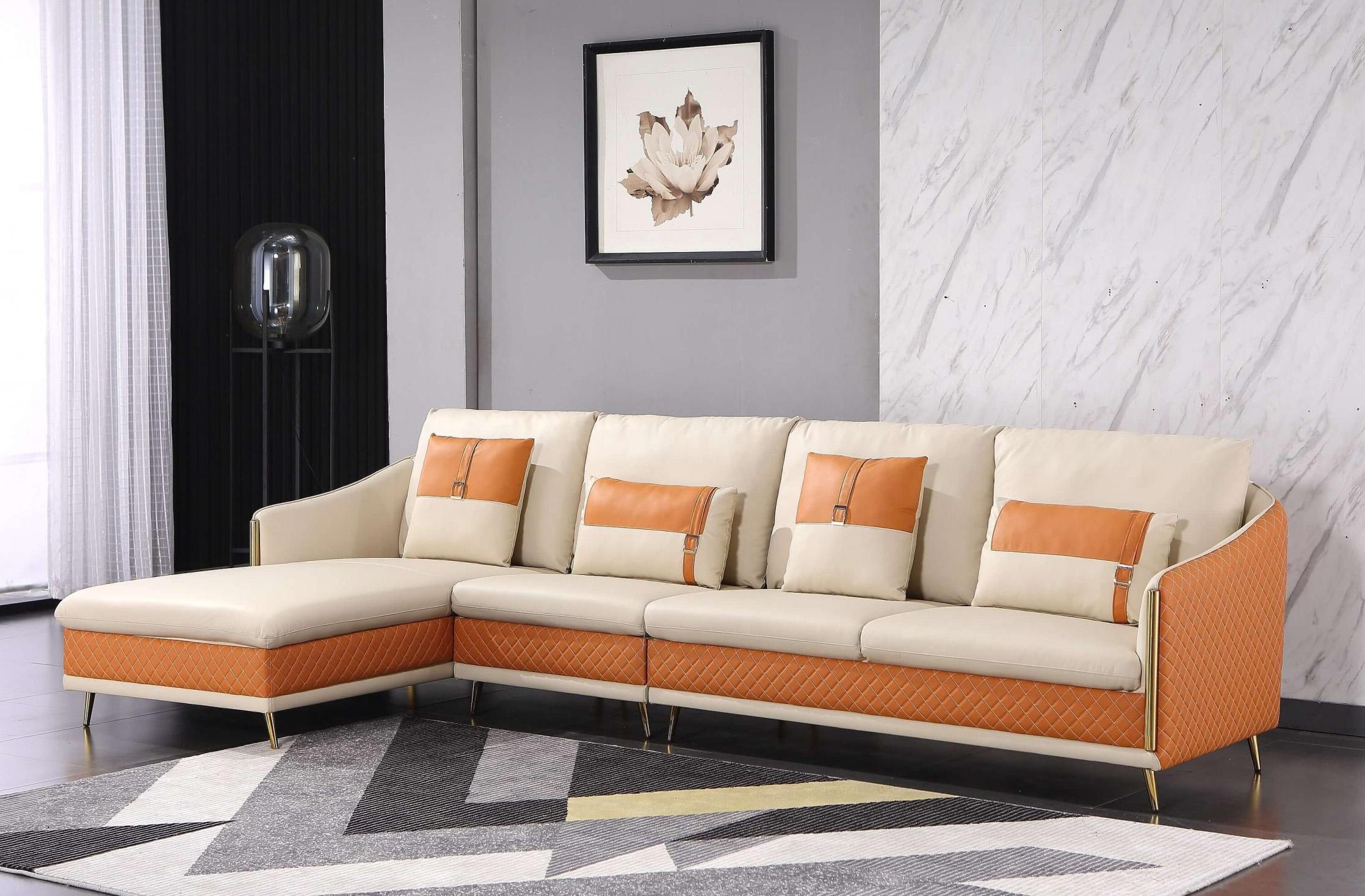 Modern, Vintage 4 Seater Sectional Sofa ICARO EF-64435L-4LHF in Off-White, Orange Italian Leather