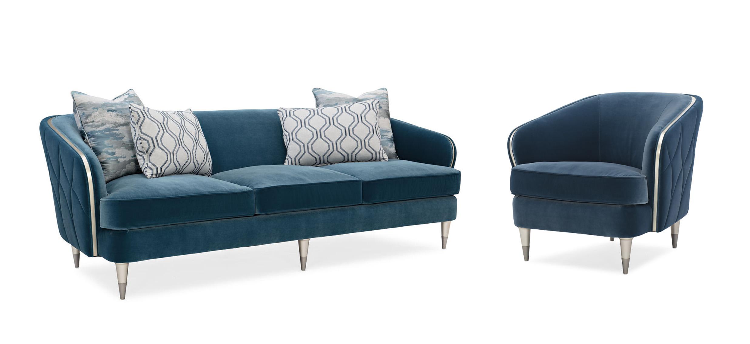 

    
Prussian Blue Velvet Finish Sofa & Chair Set Contemporary Hour Time by Caracole
