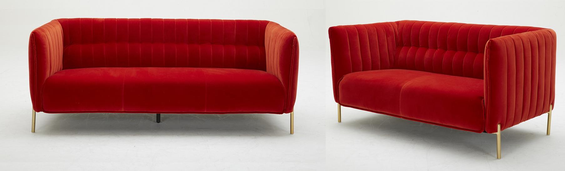 Contemporary Sofa and Loveseat Set Deco 17663-P-Set-2 in Orange Velour