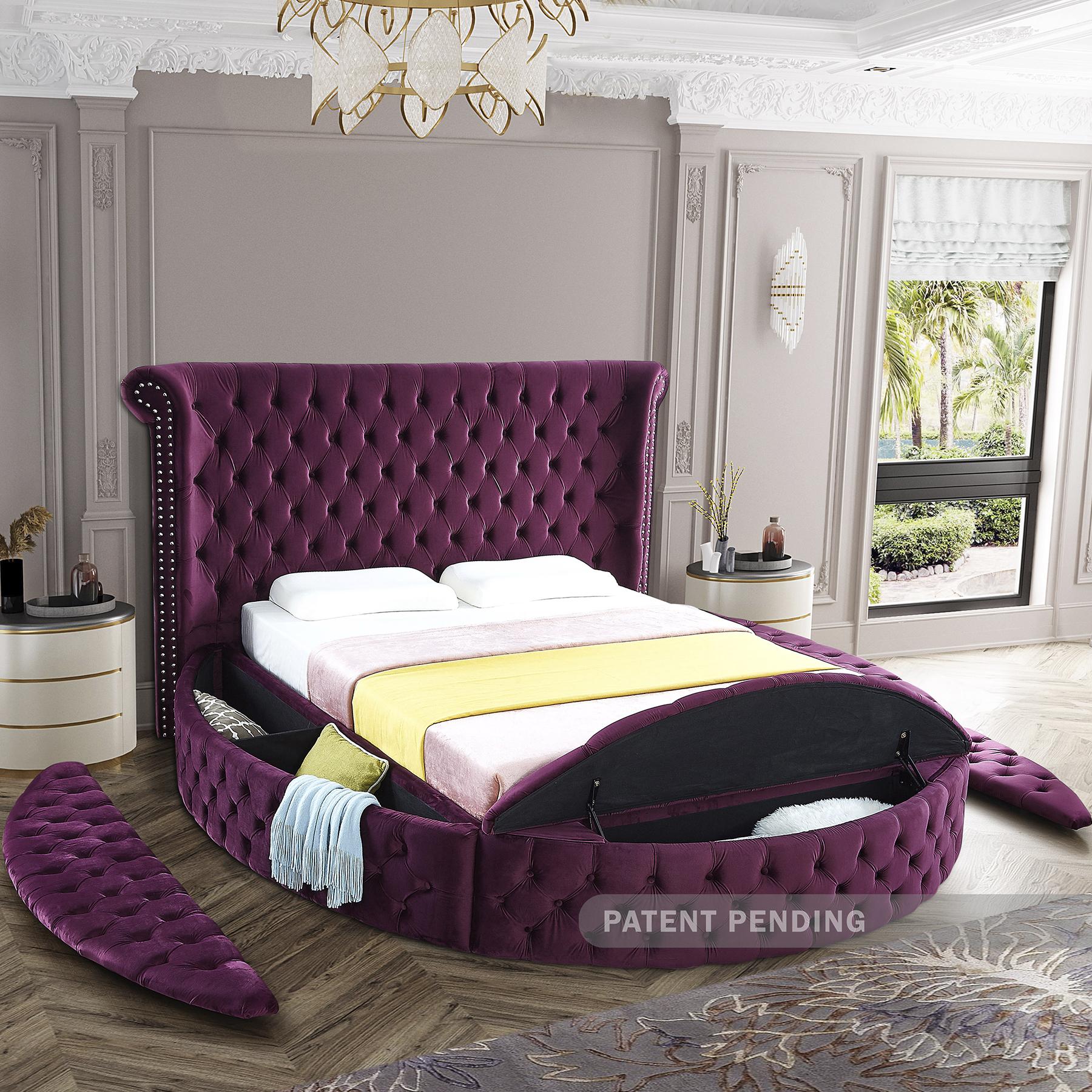 

        
094308253213Purple Velvet Tufted Round Storage King Bed LUXUS Meridian Contemporary Modern
